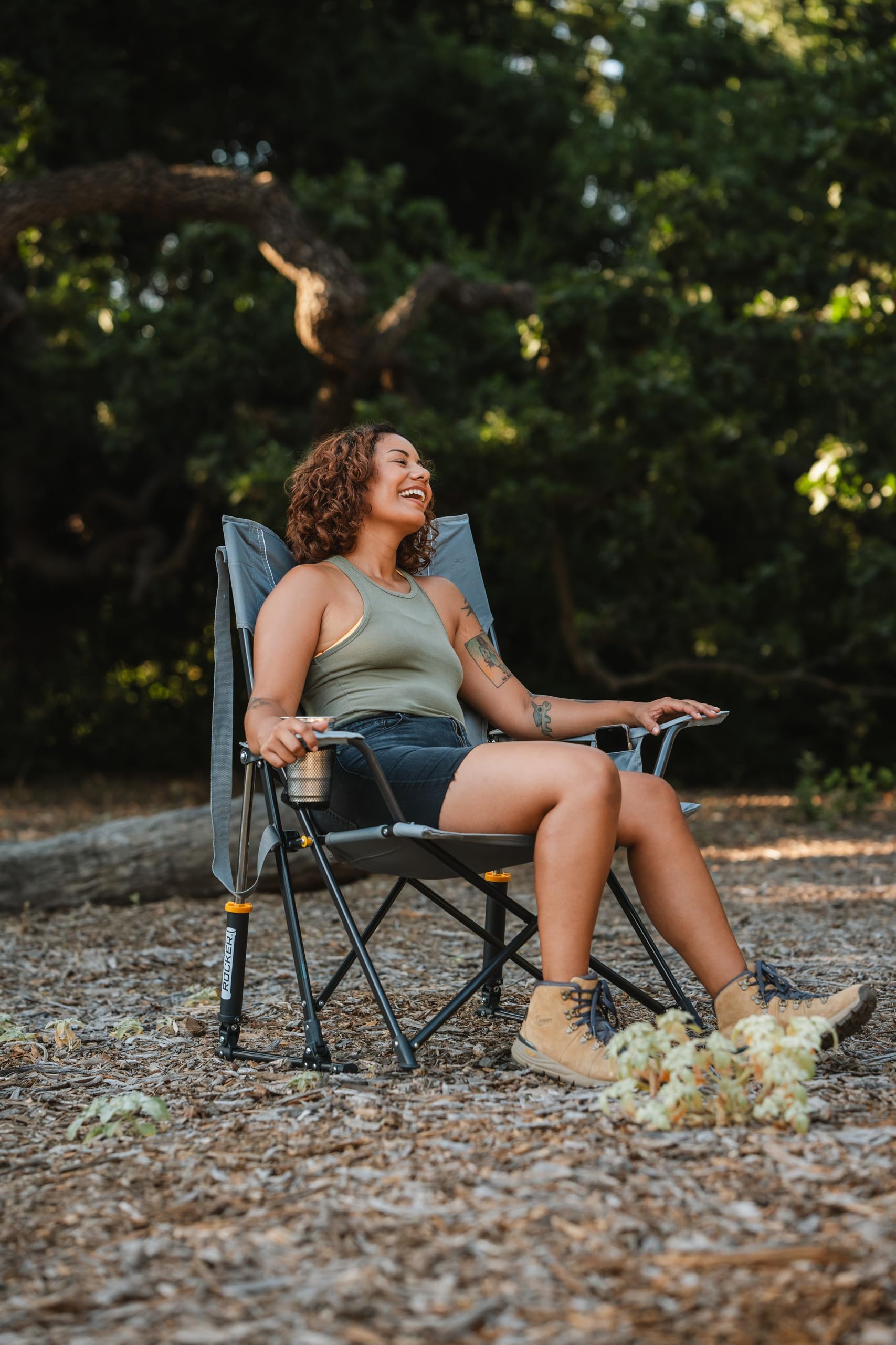 GCI Outdoor Comfort Pro Rocker Camping Chair | Portable Folding Rocking Chair with Durable Armrests & Drink Holder — Blush