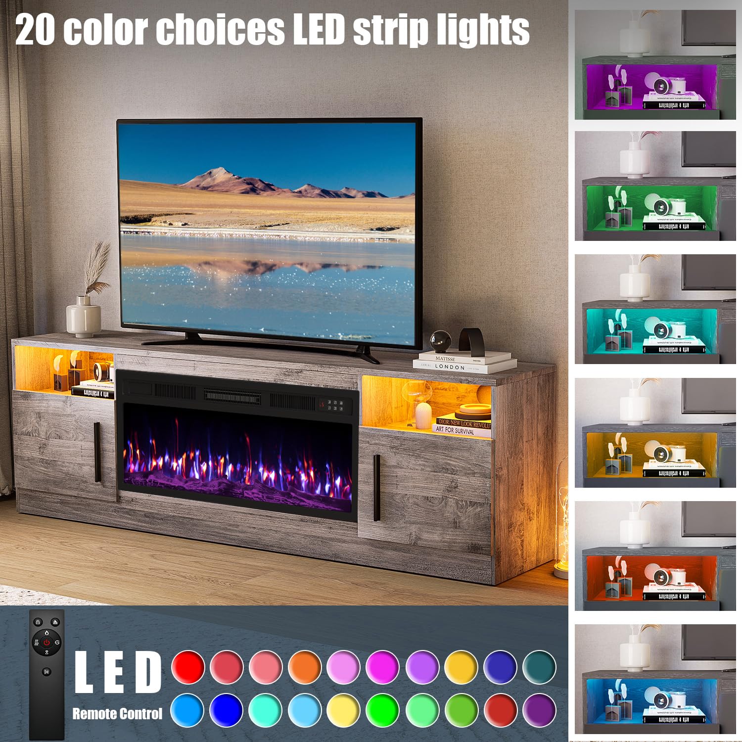 VITESSE 58 Inches Fireplace TV Stand for TVs up to 65 Inches Console with 18'' Electric Fireplace & Remote,Wooden Modern Entertainment Center for Living Room with LED Light Glass Shelves（Bei）