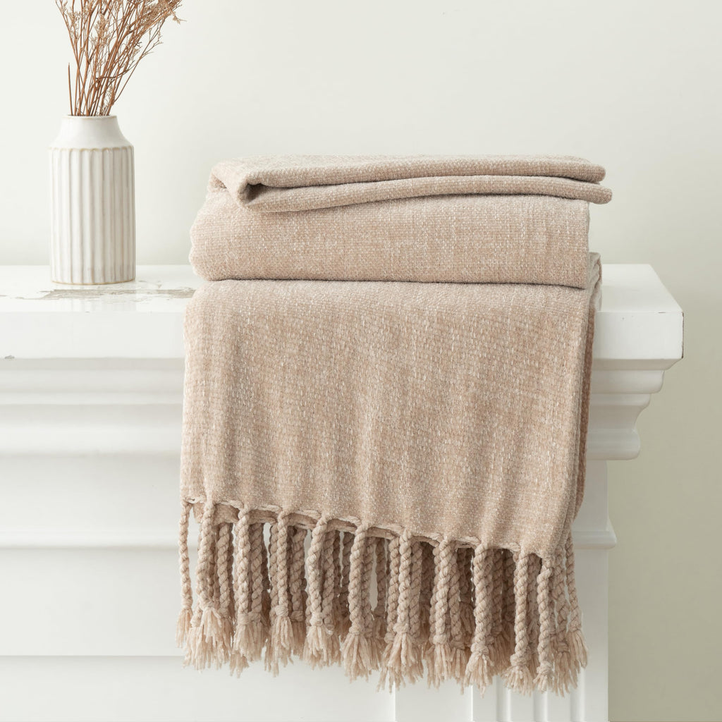 BATTILO HOME Beige Chenille Throw Blanket for Couch, Soft Cozy Textured Knit Throw Blanket with Handmade Fringe Tassels, Lightweight Decorative Farmhouse Blanket for Sofa Bed Chair, 50"x60"