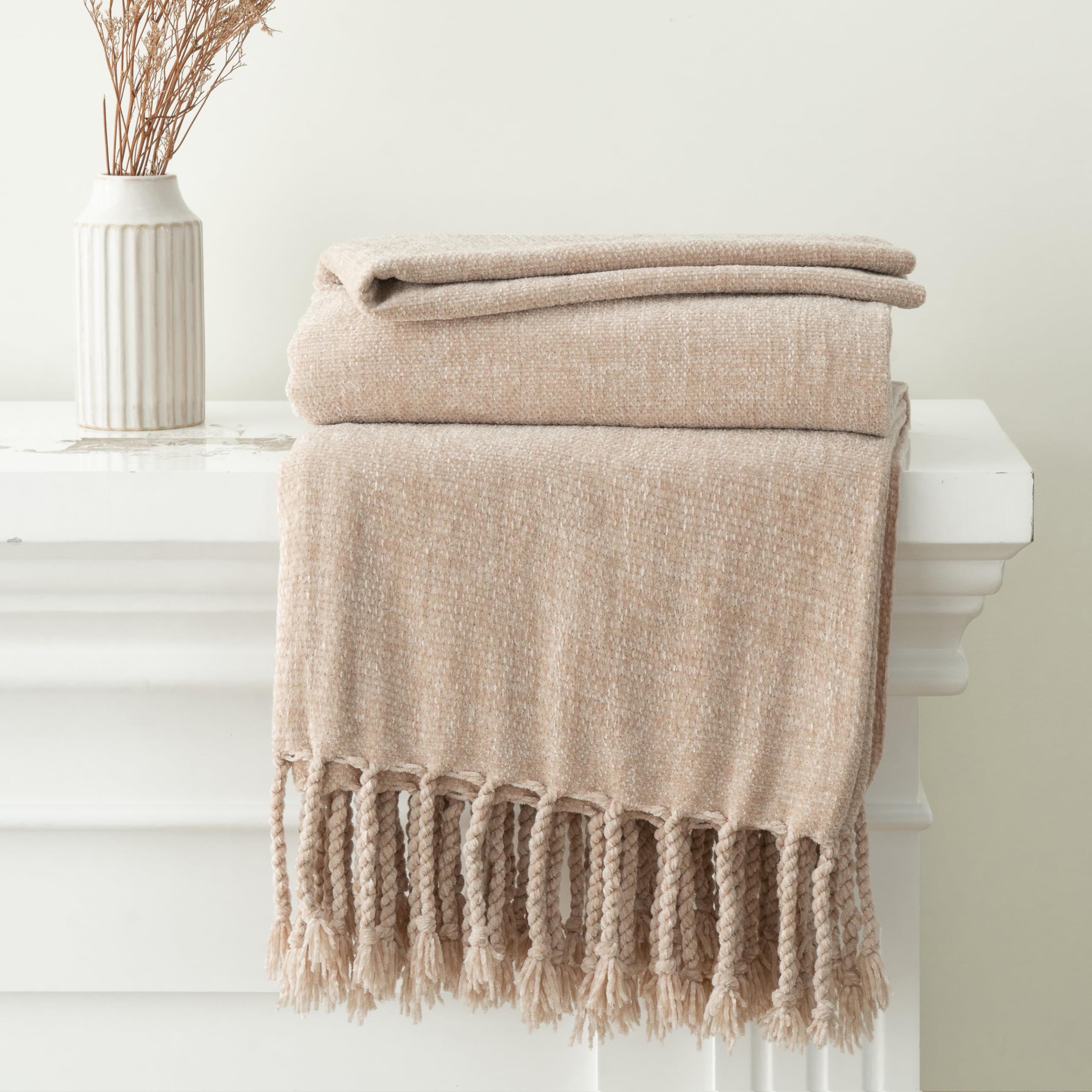 BATTILO HOME Beige Chenille Throw Blanket for Couch, Soft Cozy Textured Knit Throw Blanket with Handmade Fringe Tassels, Lightweight Decorative Farmhouse Blanket for Sofa Bed Chair, 50"x60"
