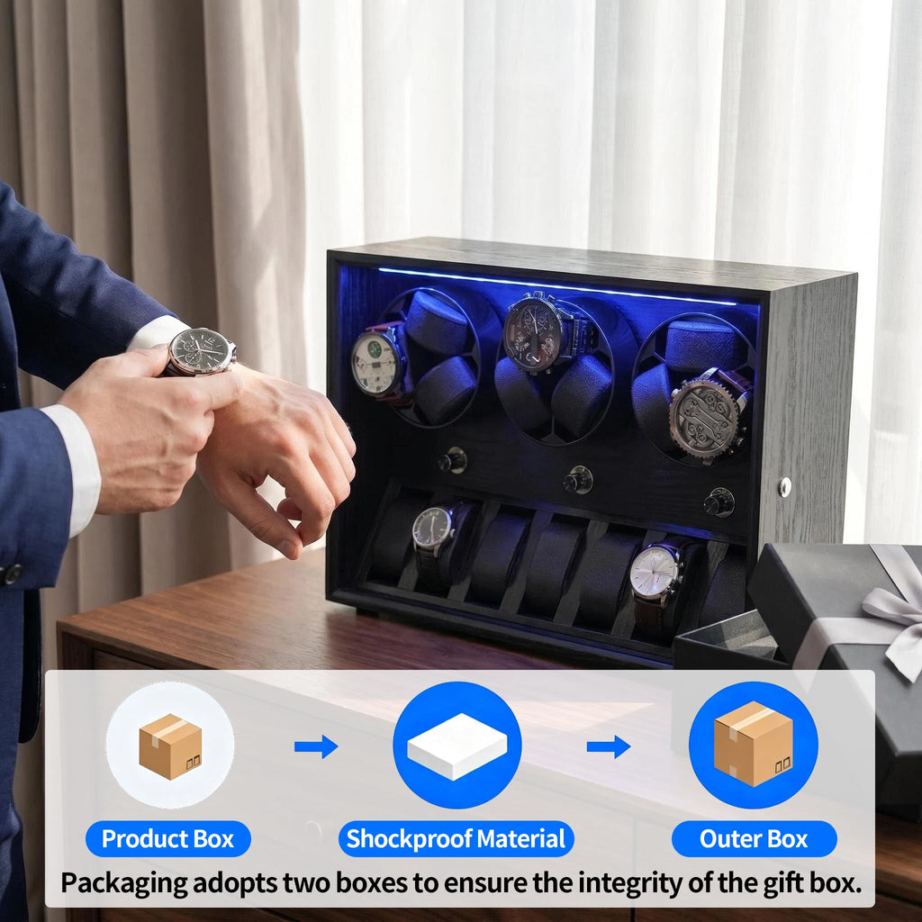 Oryx Watch Winder for 4/6/9 Automatic Watches, Rotating Watch Box 5 Rotation Modes Setting Display Case with Extra Watch Storages and LED Light, Lockable Winders USB Powered Super Quiet Mabuchi Motor