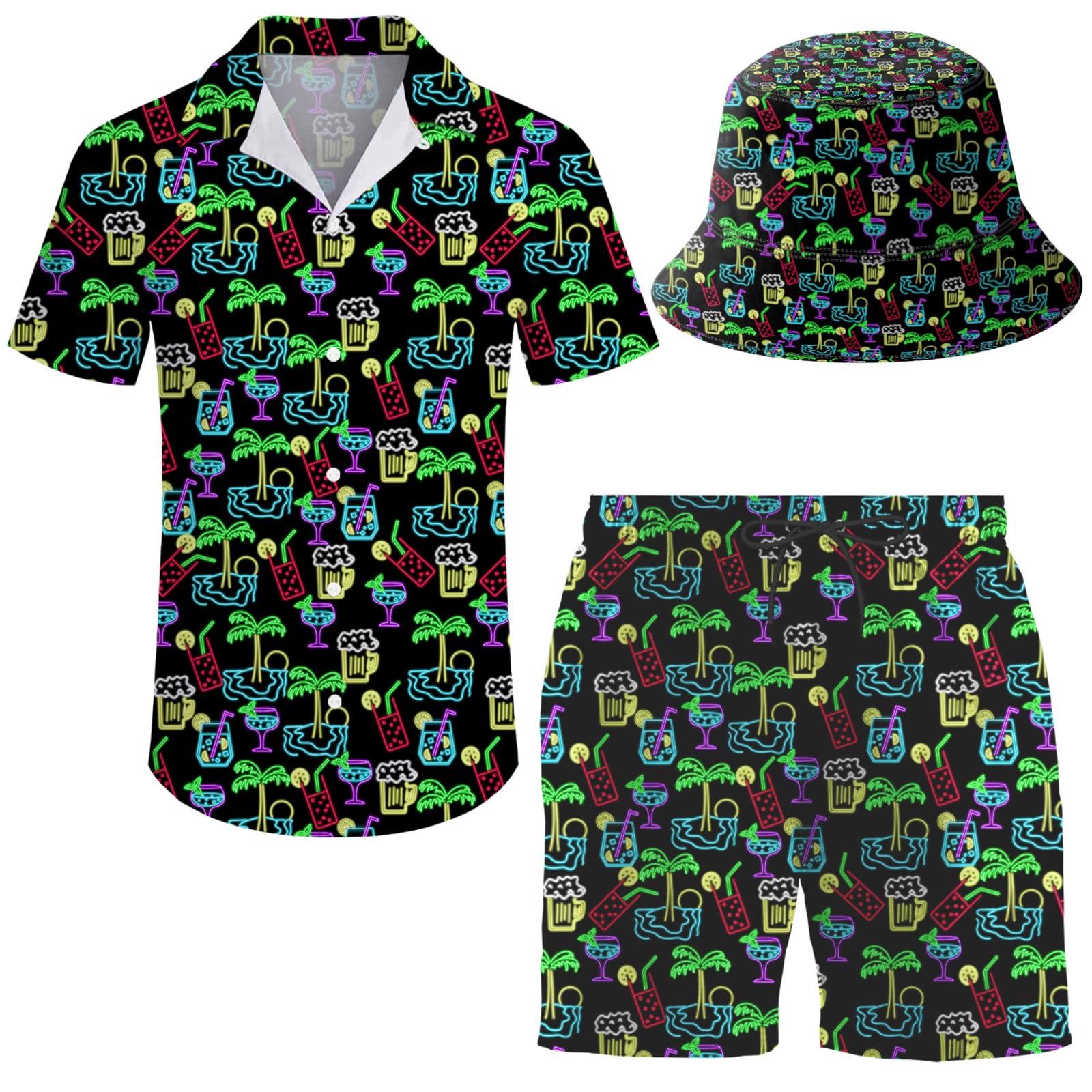 Men's 2 Piece Tracksuit Hawaiian Shirt Shorts Button Down Shirt and Shorts Sets with Bucket Hats
