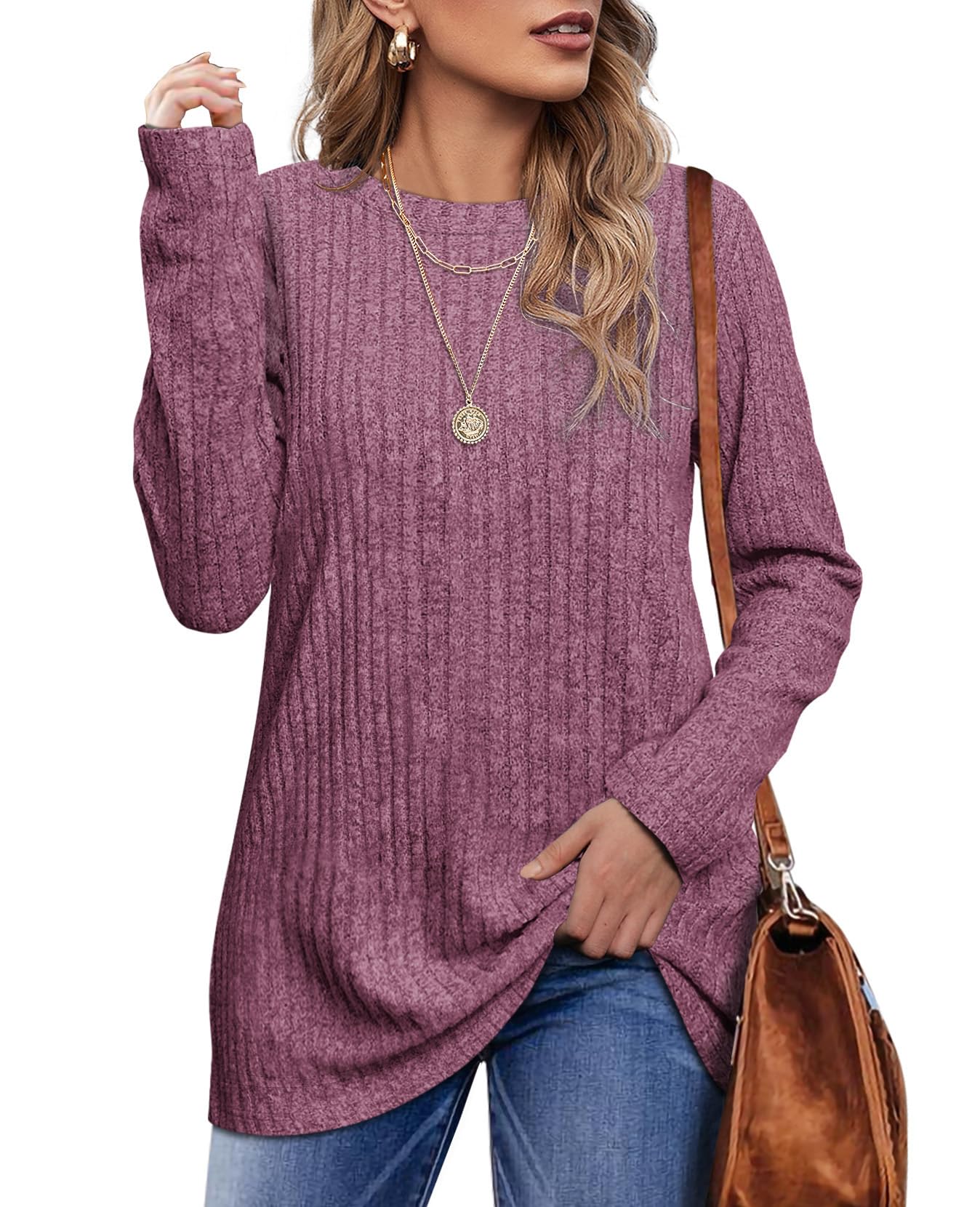 OFEEFAN Long Sleeve Shirts for Women Loose Fit Crew Neck Tunic Tops Blouse Dressy Casual Fall Winter Clothes Outfits