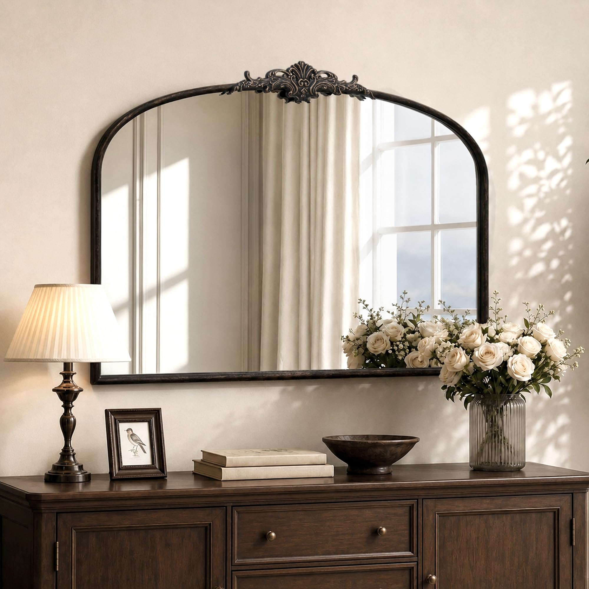 Besdomus Vintage Arched Black Mirror: 32"x24" French Large Black Vintage Wall Mirror - Baroque Traditional Ornate for Living Room/Fireplace/Bathroom- Ideal Gifts for Housewarming/Birthday