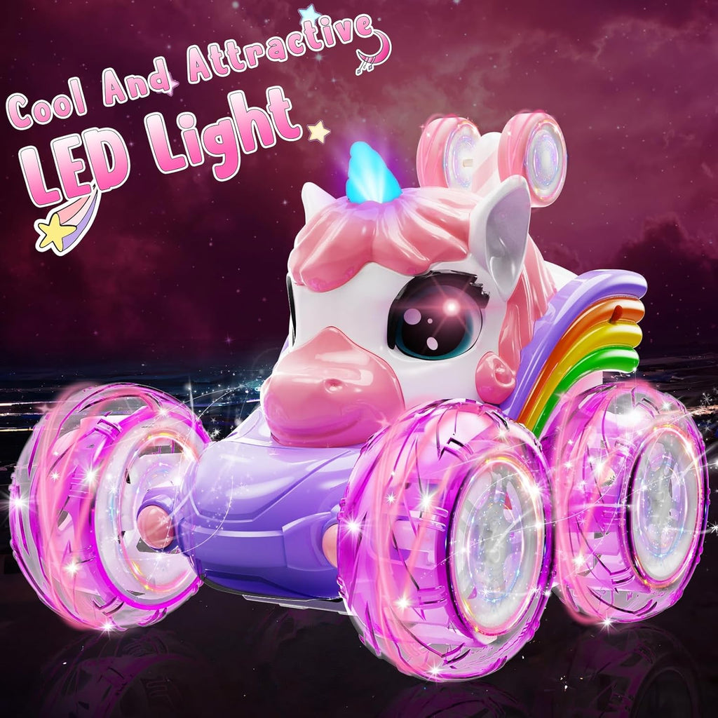 Kikikid Unicorn Remote Control Car for Girls, 360° Rotating 4WD Stunt RC Cars with Cute Lights, Rechargeable Car Toys Birthday Gifts for Kids Girl Age 3 4-6 6-8