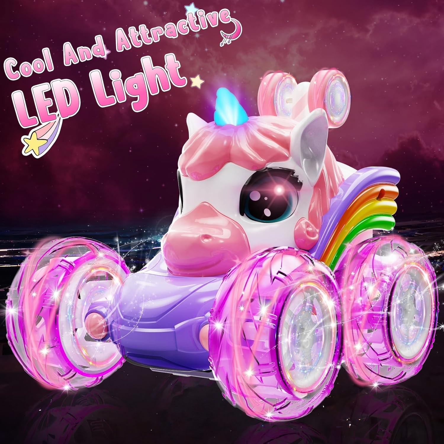 Kikikid Unicorn Remote Control Car for Girls, 360° Rotating 4WD Stunt RC Cars with Cute Lights, Rechargeable Car Toys Birthday Gifts for Kids Girl Age 3 4-6 6-8