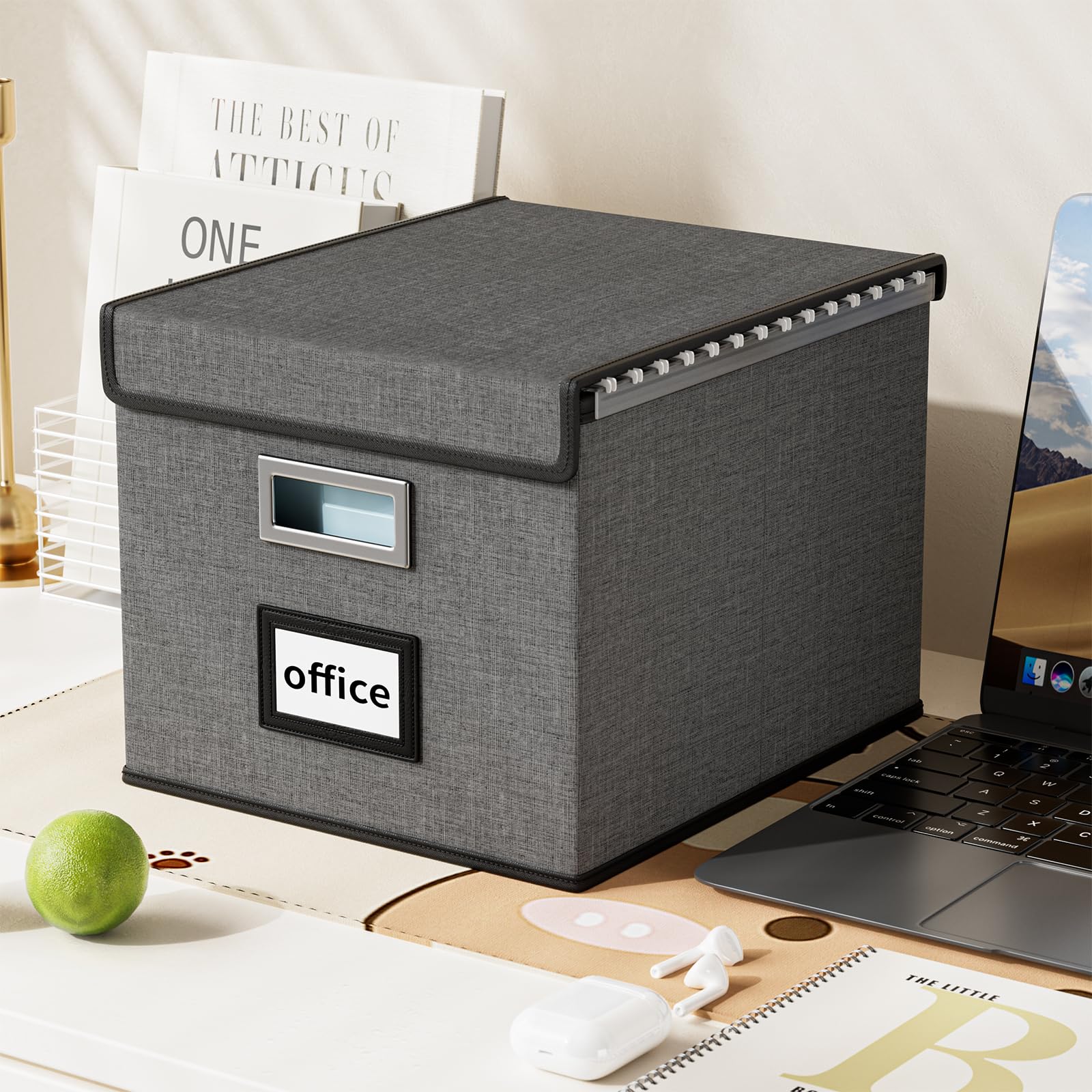 File Organizer Box with Lid, Collapsible Faux Leather Hanging File Folder Box Organizer with Plastic Slides, Decorative Home/Office Filing System Boxes for File and Folders Storage