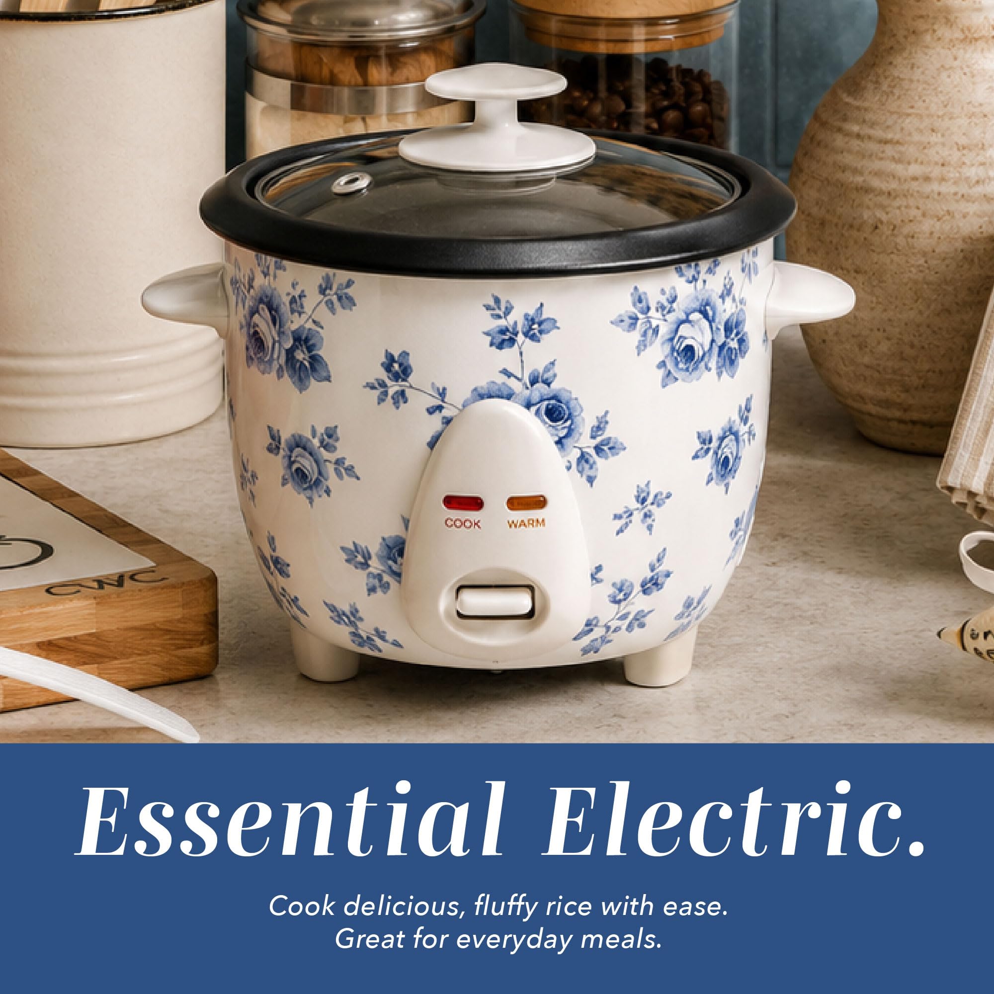 COOK WITH COLOR 6 Cup Rice Cooker 300W - Effortless Cooking and Perfectly, Cooks 3 Cups of Raw Rice for 6 Cups of Cooked Rice, Floral Blue
