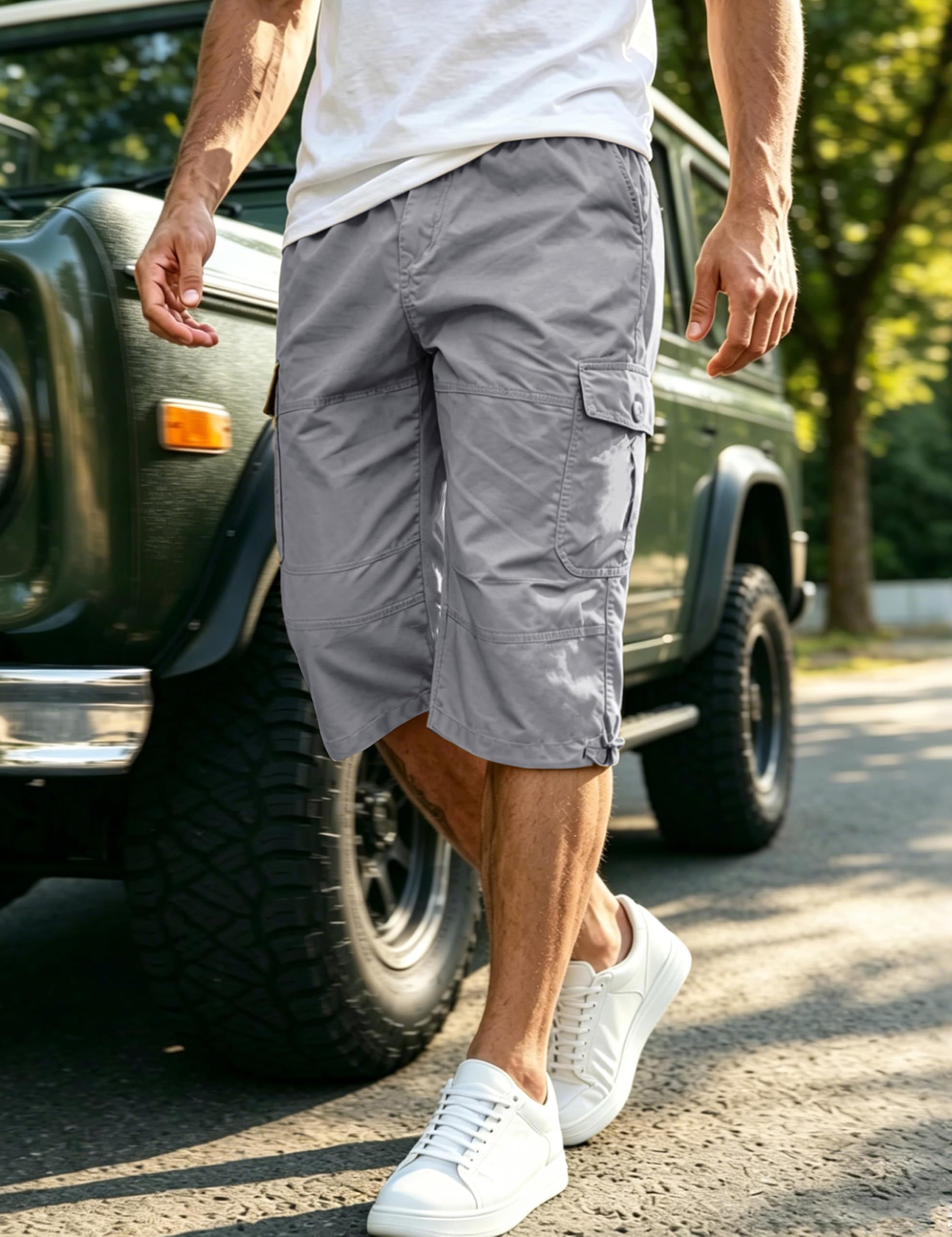 EKLENTSON Men's Cargo Shorts Casual Twill Elastic 3/4 Capri Pants Below Knee Long Shorts with 7 Pockets