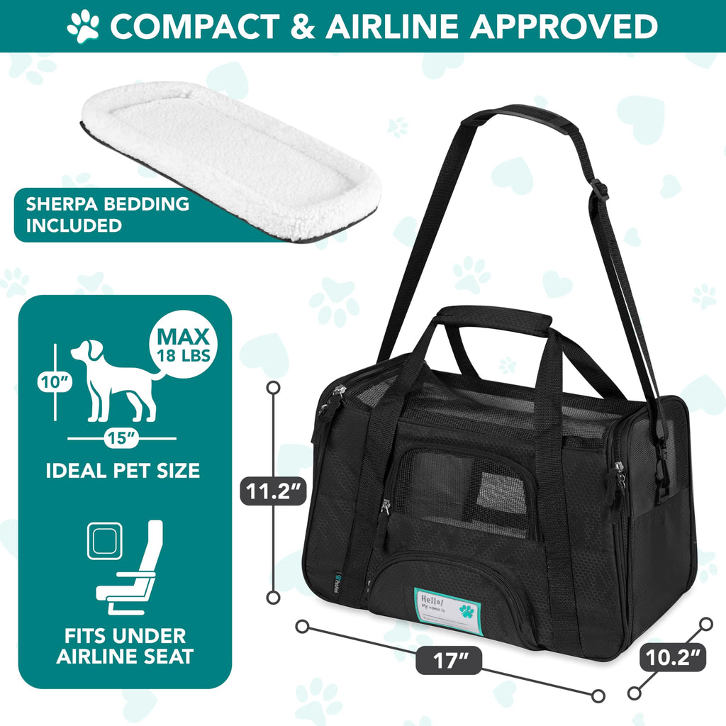 PetAmi Airline Approved Pet Carrier for Cats & Small Dogs, Soft Sided TSA Travel Carrier Bag with Sherpa Bed, Breathable Mesh Ventilation, Collapsible Bowl, Fits Under Seat, Up to 18 lbs, Small Black