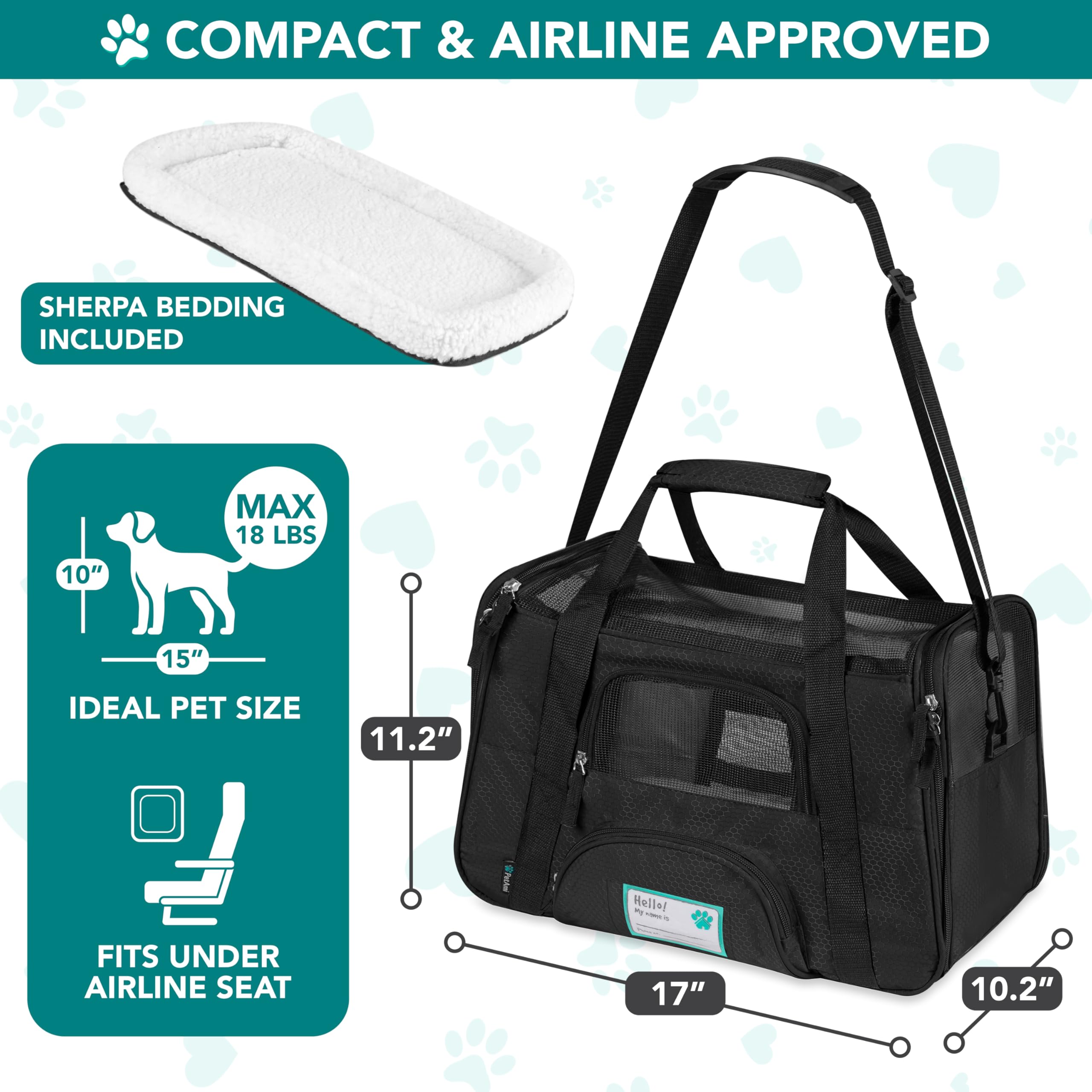 PetAmi Airline Approved Pet Carrier for Cats & Small Dogs, Soft Sided TSA Travel Carrier Bag with Sherpa Bed, Breathable Mesh Ventilation, Collapsible Bowl, Fits Under Seat, Up to 18 lbs, Small Black