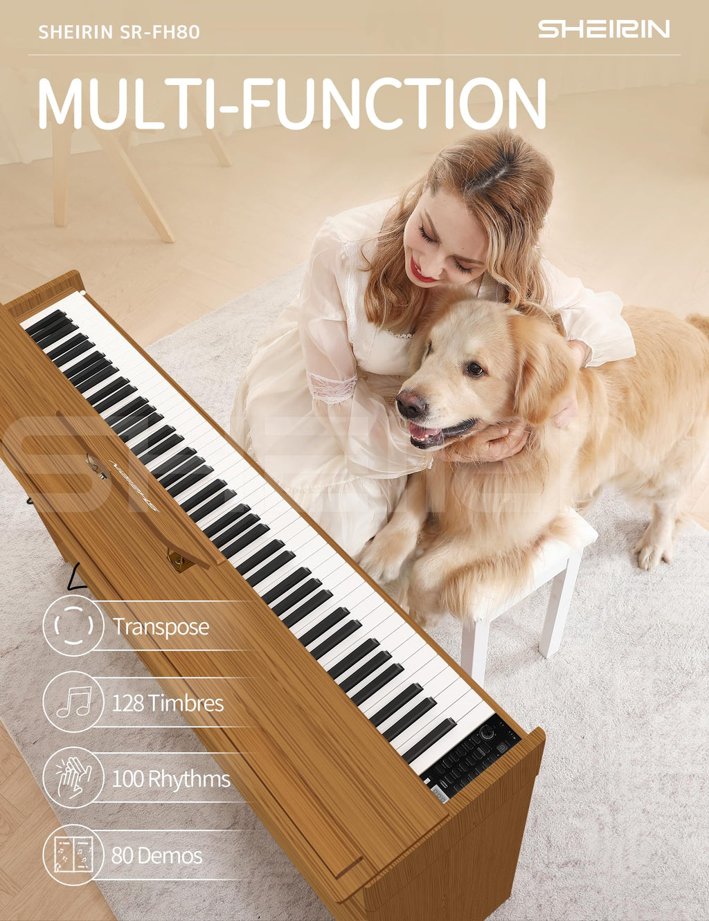 Digital Piano Hammer Action Keyboard 88 Keys Upright Acoustic Electric Weighted Piano Beginner MIDI Cover Full Size Sustain Pedal Stand Real Professional SR-FH80 (Beige Full Cover)