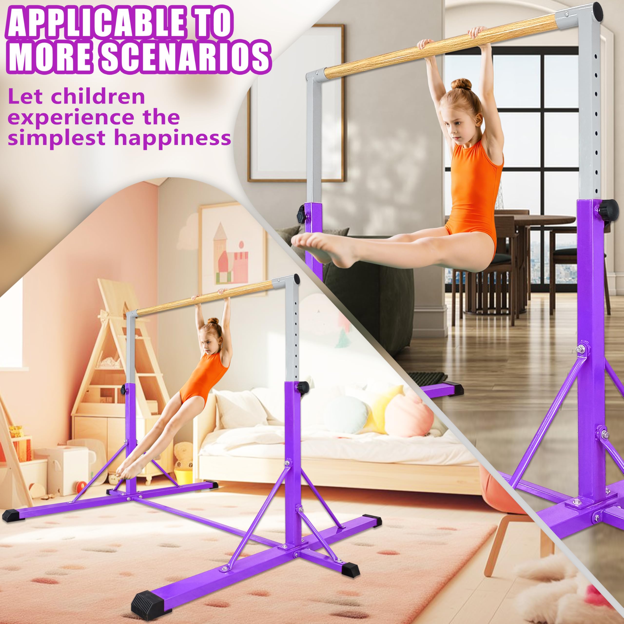 FC FUNCHEER Gymnastics Bar for Kids Ages 3-15, 35" to 60" Adjustable Height, 4FT Wide Base - Professional Kip Bar with 360° Stability & Fiberglass Crossbar, Easy Fold&Solid Design for Home Training