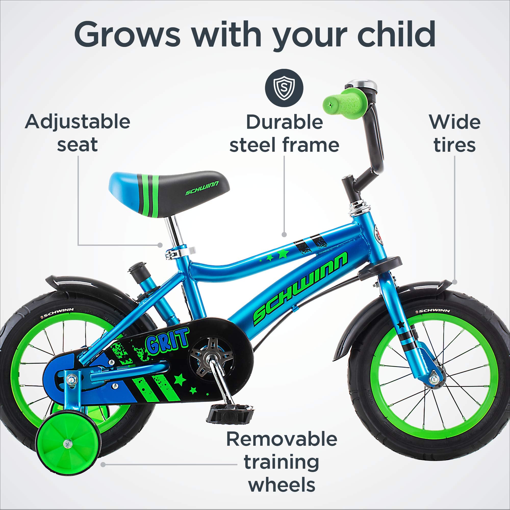 Schwinn Petunia and Grit Bike, Bike for Kids Ages 2-4, Steerable Beginner Bicycle with Training Wheels, Parent Push Handle, Rear Coaster Brake, Adjustable Seat