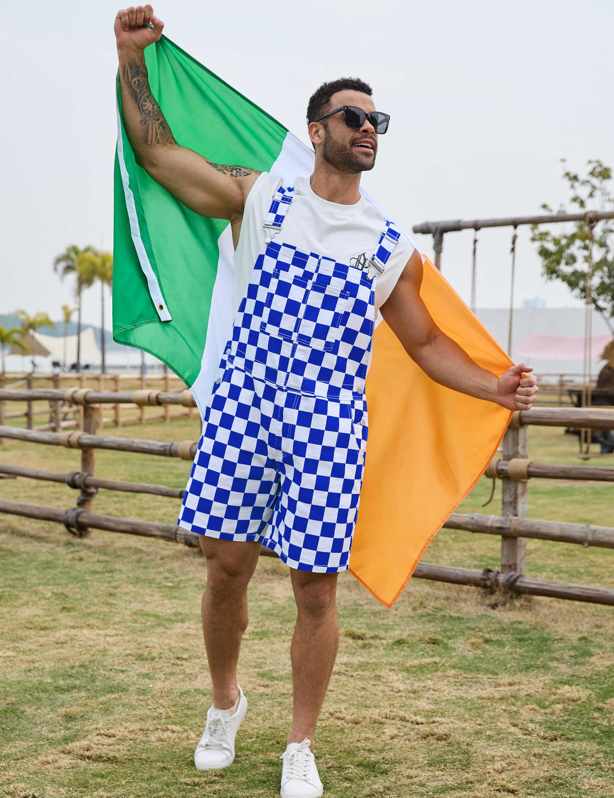 Odefou Checkered Bib Overalls for Men Jumpsuit Shorts Work Coveralls