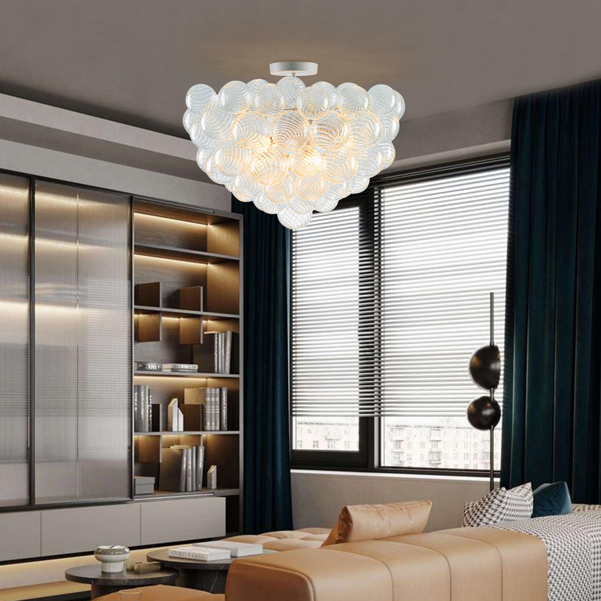 Longree Bubble Glass Ball Chandelier White 20" Dia Pendant Light | Swirled Glass Globe, for Dining Room Kitchen Bathroom Entry Bedroom