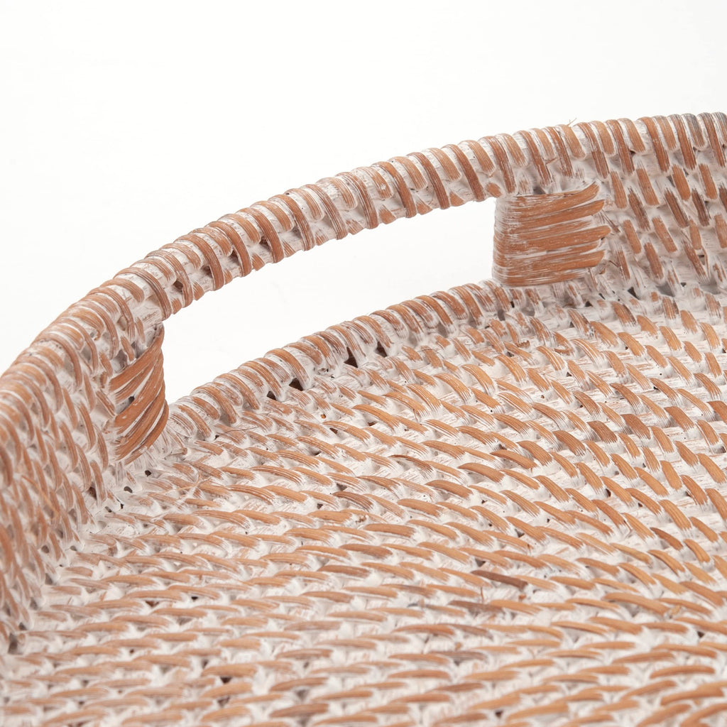 Round Rattan Serving Tray Decorative Woven Ottoman Trays with Handles for Coffee Table Natural (Small 11.8 inch x 2 inch)