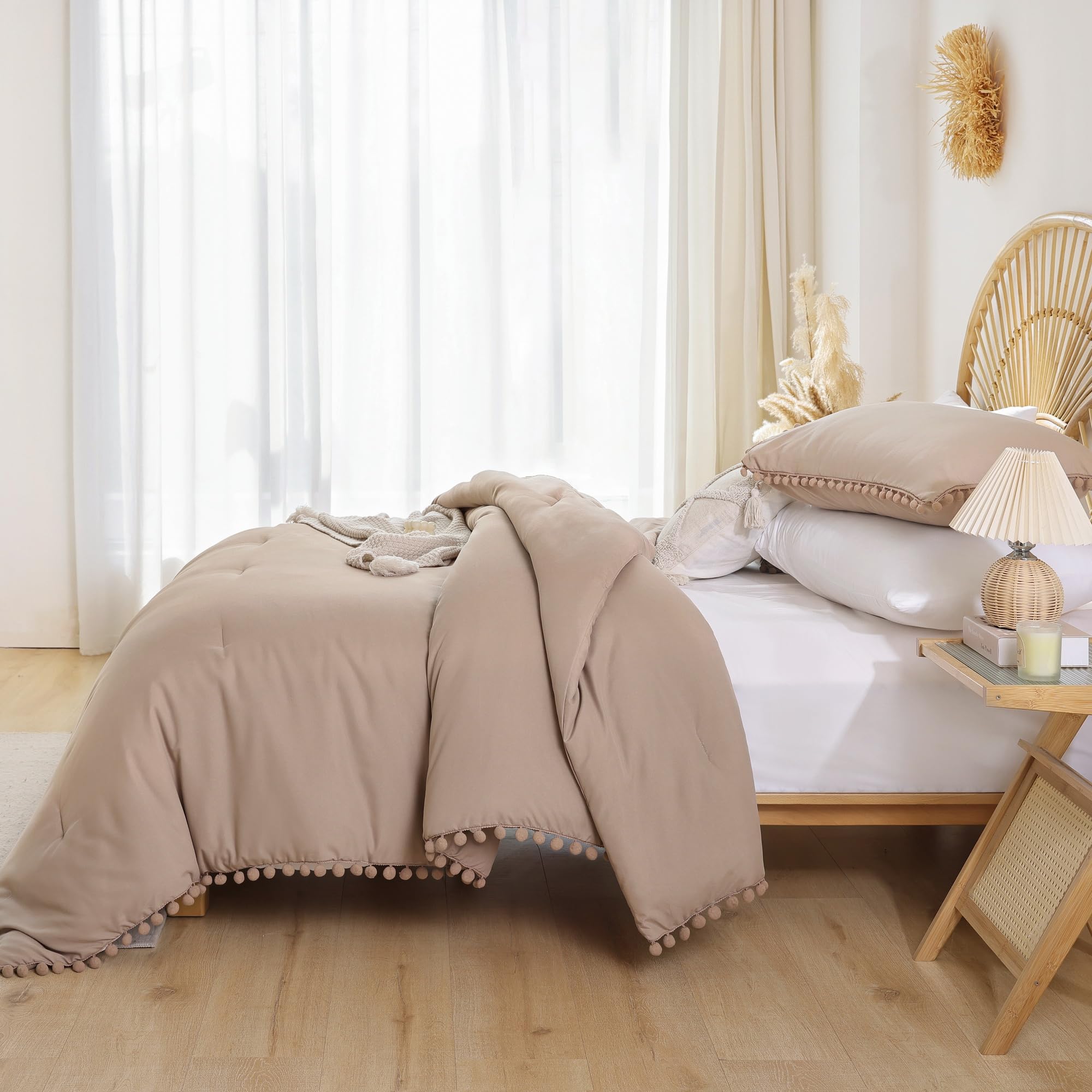 YIRDDEO Twin Comforter Set - Comforter Twin Size Bed with Ball Pom Fringe, Soft Bedding Set for All Seasons - 2 Pieces, 1 Comforter (66"x90") & 1 Pillow Sham(20"x26"), Beige