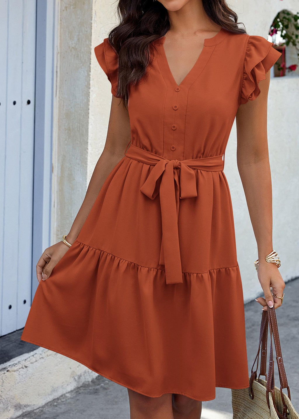KIRUNDO Summer Dresses for Women 2026 Spring Flutter Sleeve V Neck Ruffle Flowy Tiered Knee Length Beach Vacation Sundress