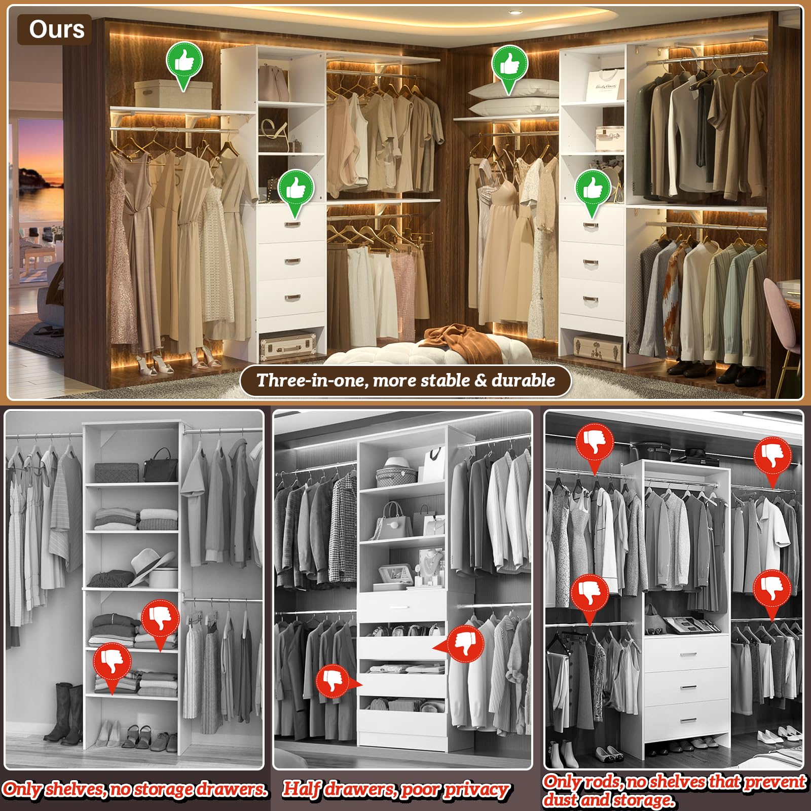 iSunirm 8FT Closet System, 96'' Closet Organizer System with 3 Hanging Rods, Wall Mount Bedroom Wardrobe with 3 Drawers Walk-in Closet, Adjustable Cloth Garment Rack from 5 to 8FT (Cut to Fit), Black