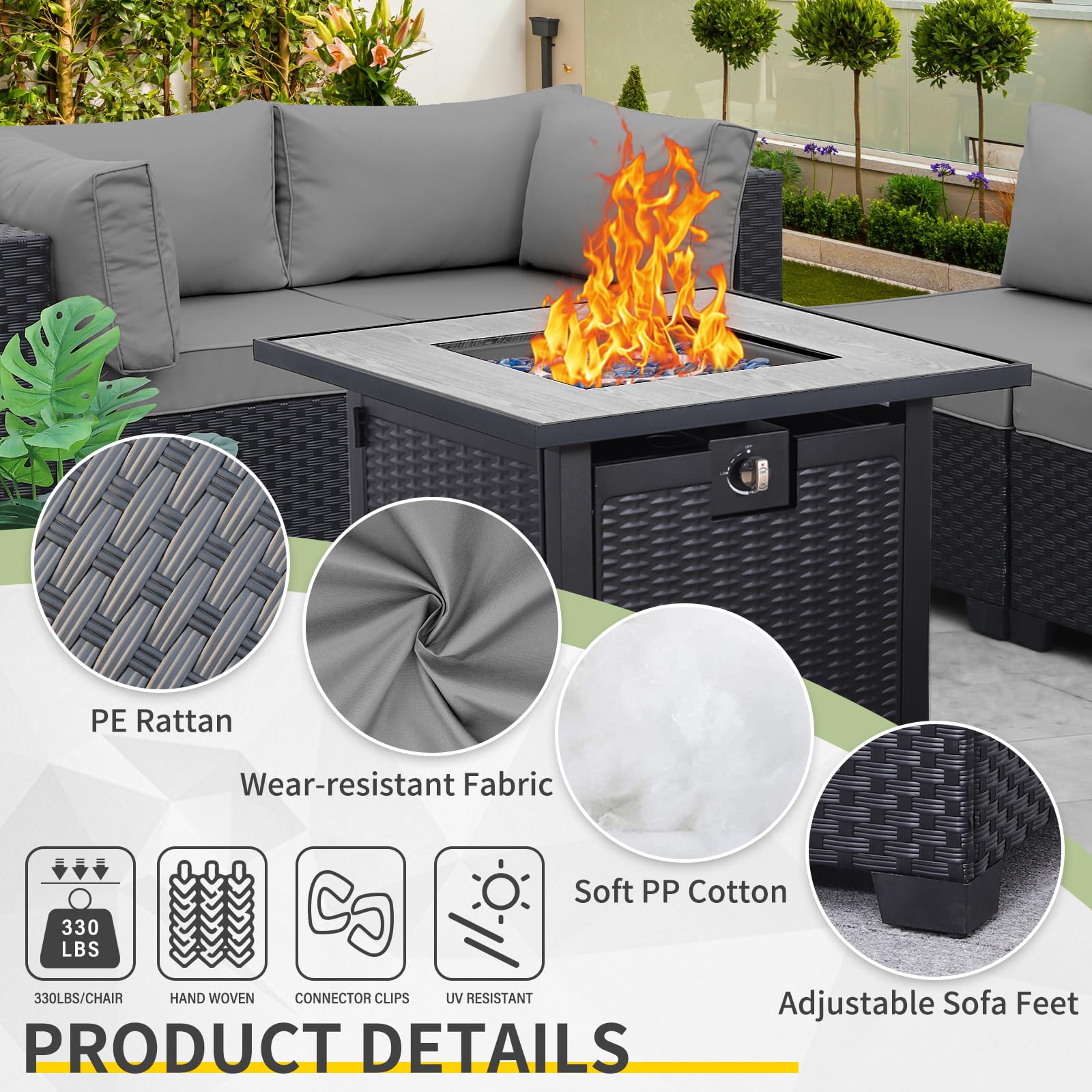 WAROOM Outdoor 5 Piece Patio Furniture Set, Black Rattan Conversation Couch Resin Wicker Sectional Sofa Outside Chair with Coffee Table, Grey Cushion