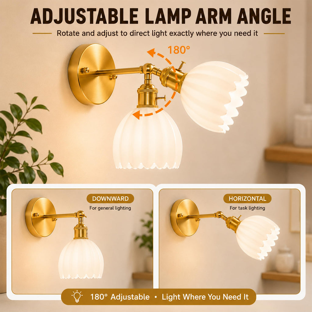 1-Light Gold Brass Bathroom Light Fixture,Wall Sconces set of 2,Brushed Gold Vanlity Light Over Mirror,Bathroom Vanity Light with White Tulip Glass Flower Shade,E26 Socket(Bulbs Not Included)