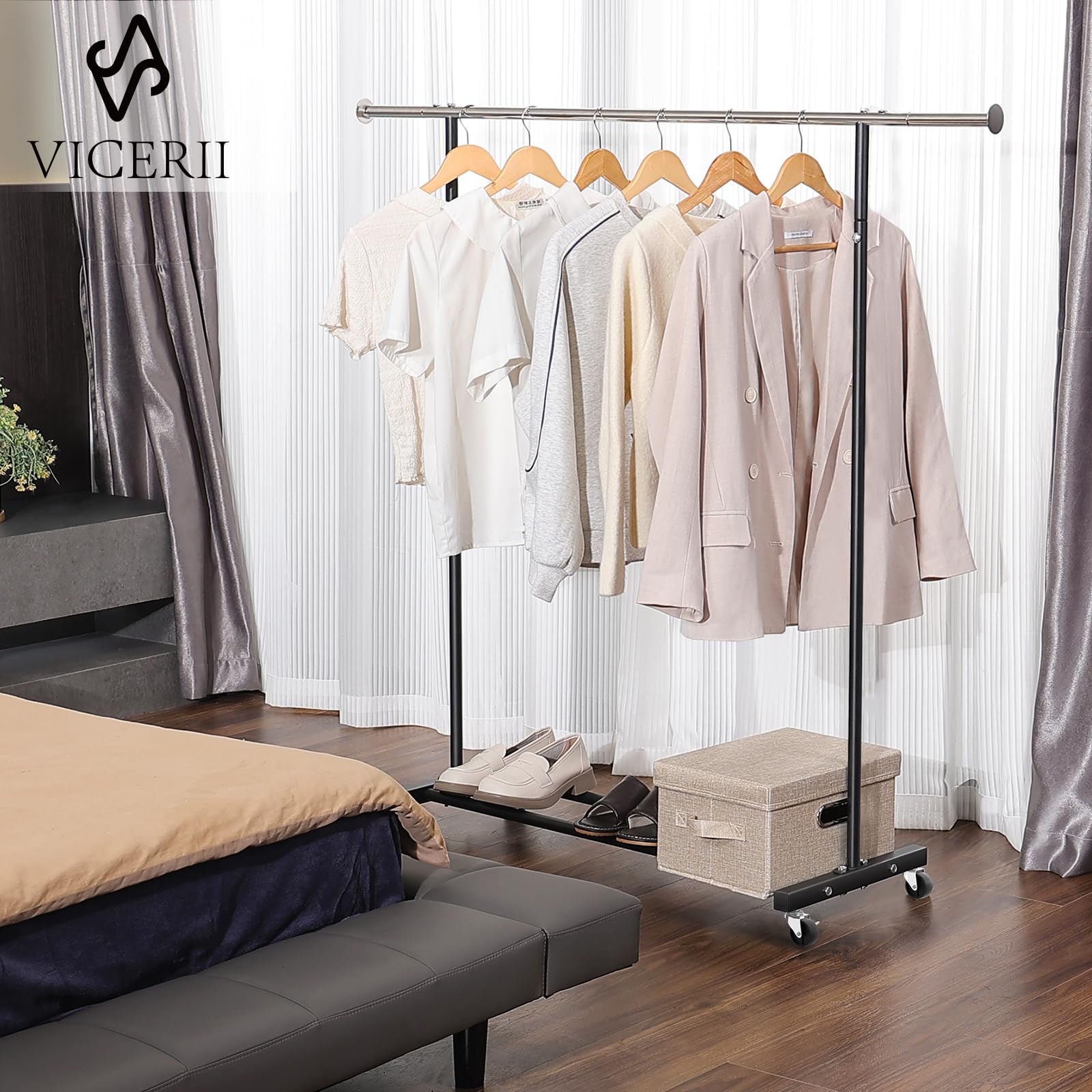 VICERII Clothing Rack, 55.51 Inch Heavy Duty Clothes Rack Rolling Garment Rack with Wheels and Bottom Shelf, 130LB Capacity Clothes Racks for Hanging Clothes, Coats, Shirts, Sweaters, Skirts, Black