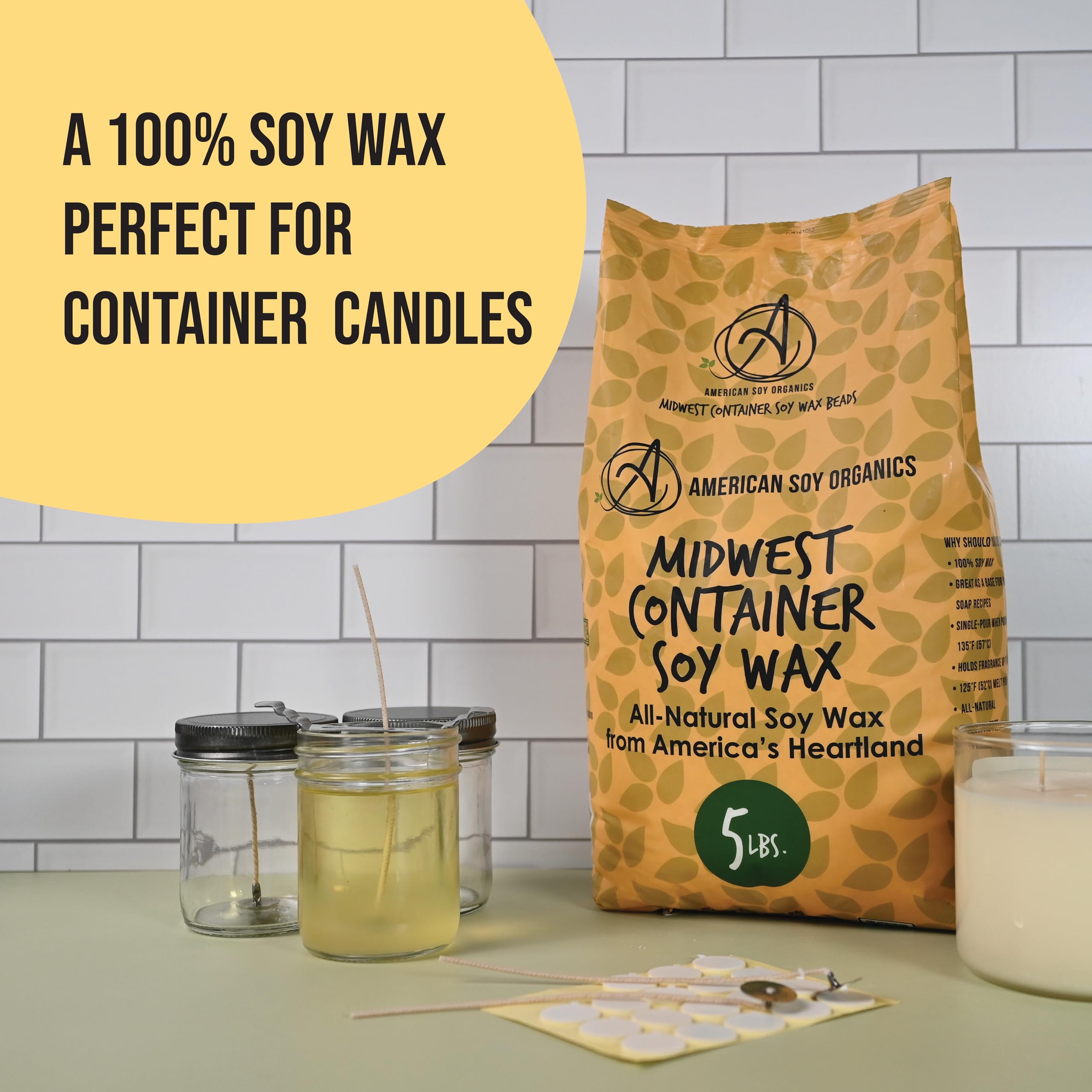 American Soy Organics 100% Midwest Soy Wax Beads for Candle Making - Natural Candle Making Supplies - Paraffin-Free, Beeswax-Free Candle Wax for Container Candles, Tealights and Wax Melts, 5 lbs