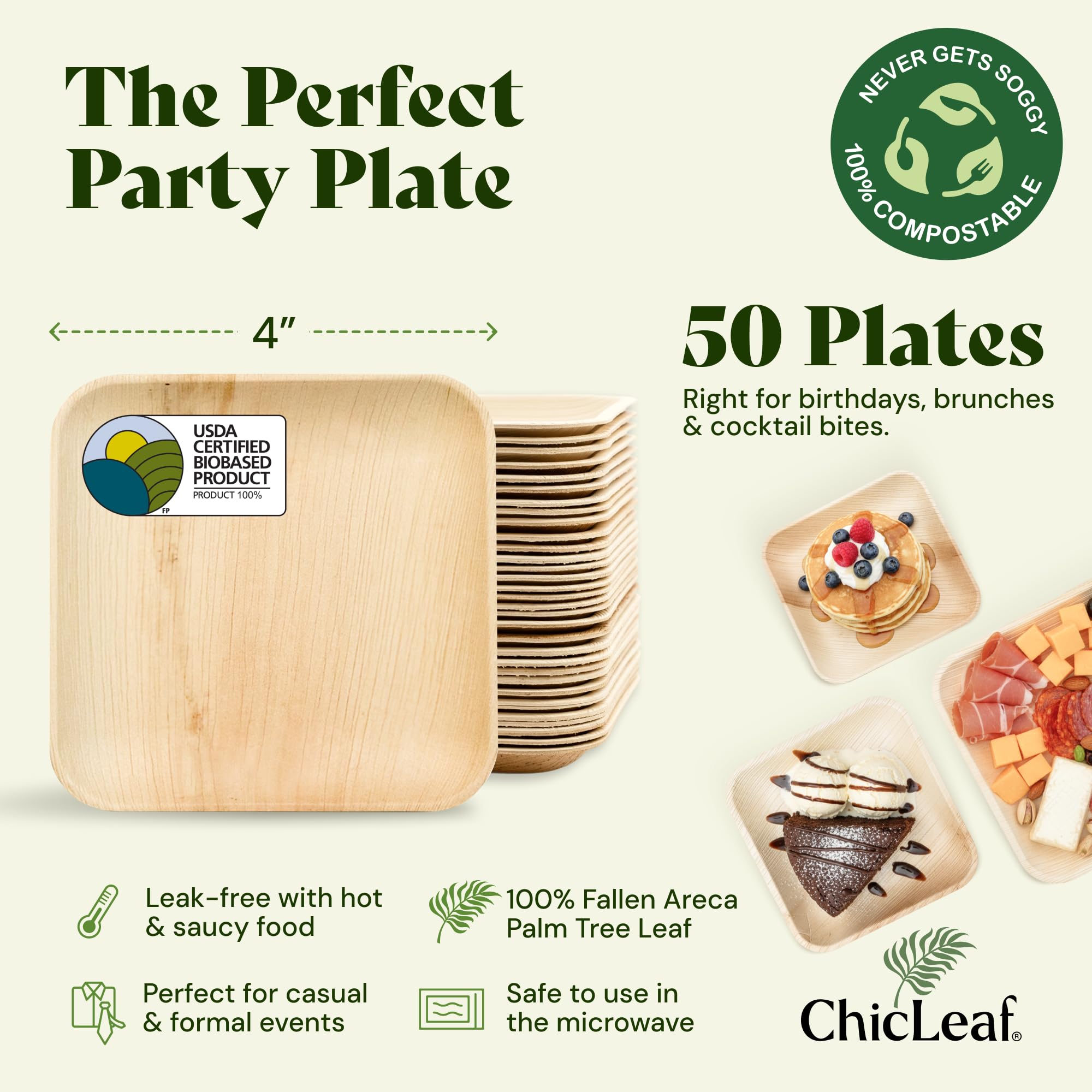 Chic Leaf Palm Leaf Plates - 4 in, 50 Pack, Compostable | Heavy-duty bamboo-style small plates - Use for appetizers & desserts at weddings, parties & picnics