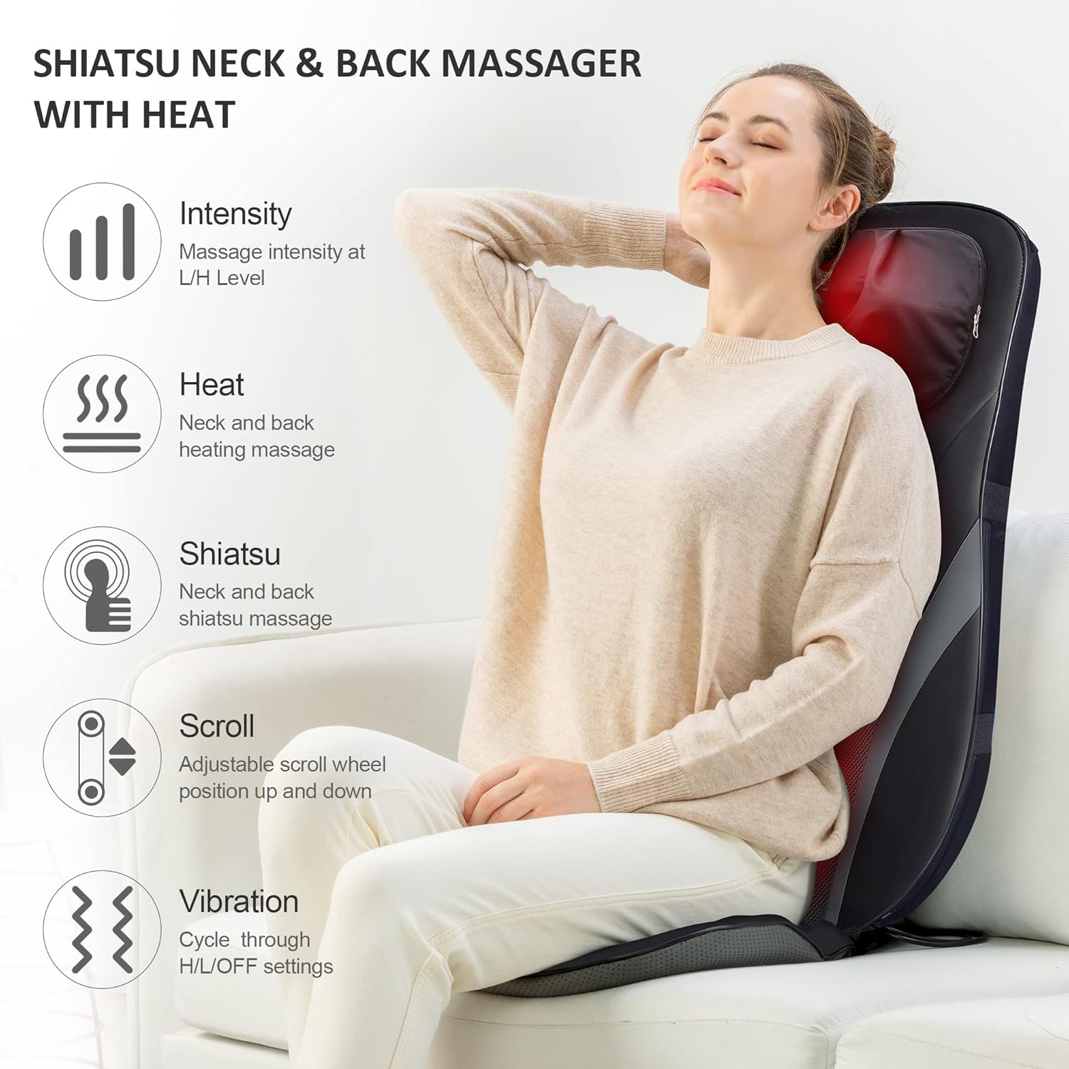 Snailax Shiatsu Back Massager with Heat -Deep Kneading Massage Chair Pad with Adjustable Intensity, Shiatsu Chair Massager to Relax Full Body Muscle，Gift for Mother