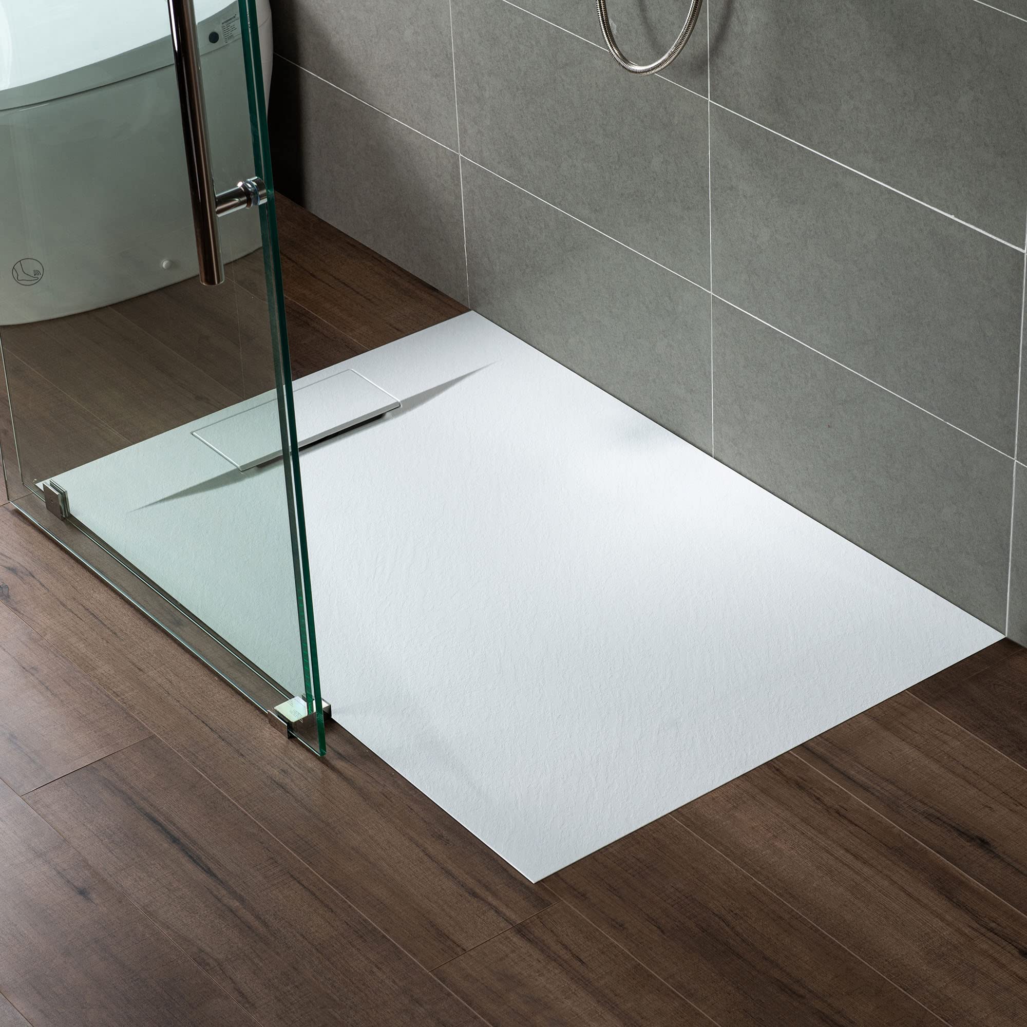 WOODBRIDGE 47.25 in L x 31.5 in W Zero Threshold Shower Base with Center Drain, Decorative Drain Plate, Tile Flange, Wheelchair Access, Low Profile, Black