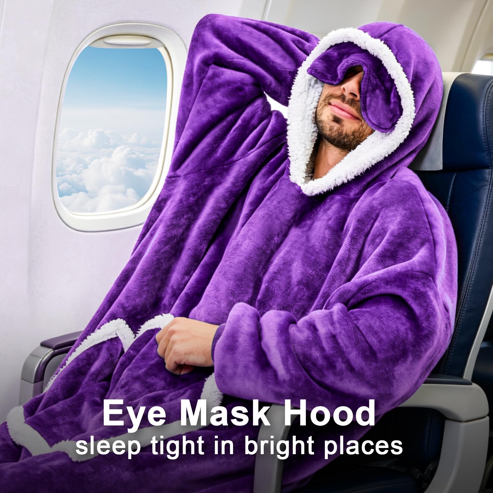 IFNOW Wearable Blanket Hoodie, Oversized Sherpa Fleece Hooded Sweatshirt with Eye Mask, Cozy and Giant Blanket Hoodie with Sleeves Extra Long for Adults Men Women, Black