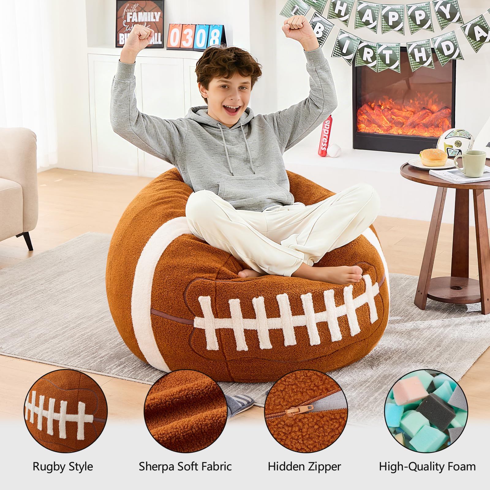 Sports Baseball Bean Bag Chair - Luxurious Bean Bag Chairs for Kids Teens Adults - Floor Sofa Couch with Filler - Plush BeanBag Furniture for Living Room Bedroom College Dorm - 32 Inch