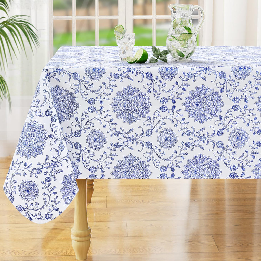 misaya Square Waterproof Vinyl Table Cloth, Wipeable Tablecloth with Flannel Backing, Plastic Table Cover for Dinner, Picnic, Indoor and Outdoor (Blue Leaves, 54" x 54")