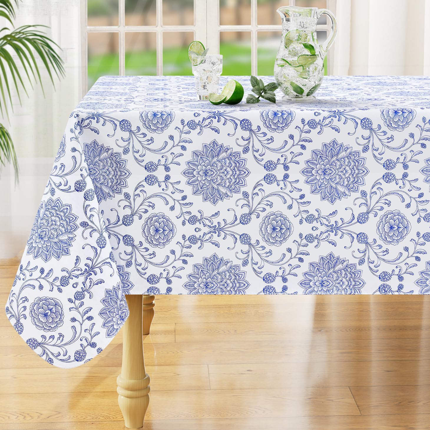 misaya Square Waterproof Vinyl Table Cloth, Wipeable Tablecloth with Flannel Backing, Plastic Table Cover for Dinner, Picnic, Indoor and Outdoor (Blue Leaves, 54" x 54")