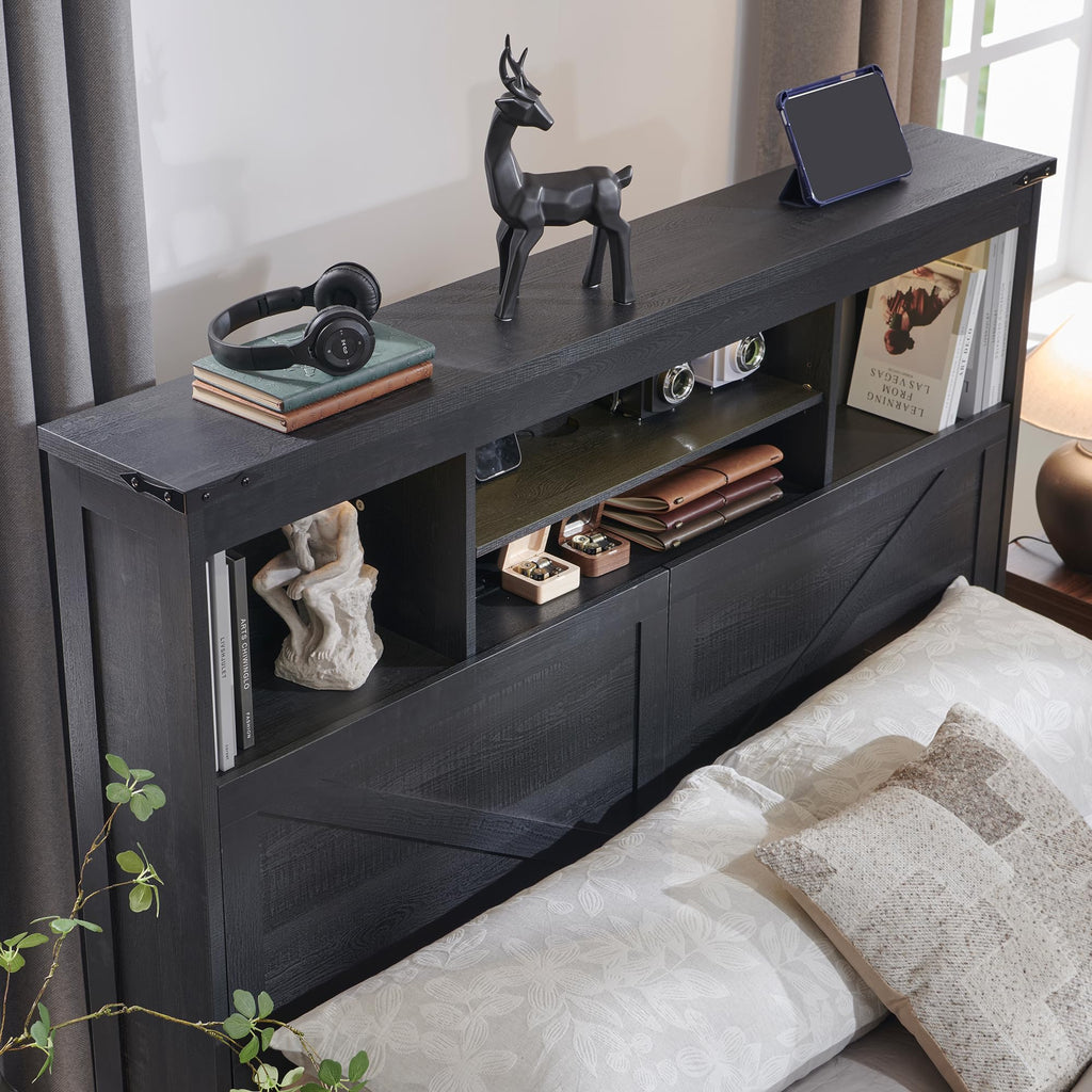 ACCOHOHO Queen Size Wood Bed Frame Farmhouse with 52" Tall Storage Bookcase Headboard, LED Light,Charging Station,4 Drawers and Solid Wood Slats Support,Noiseless,No Box Spring Needed - Black