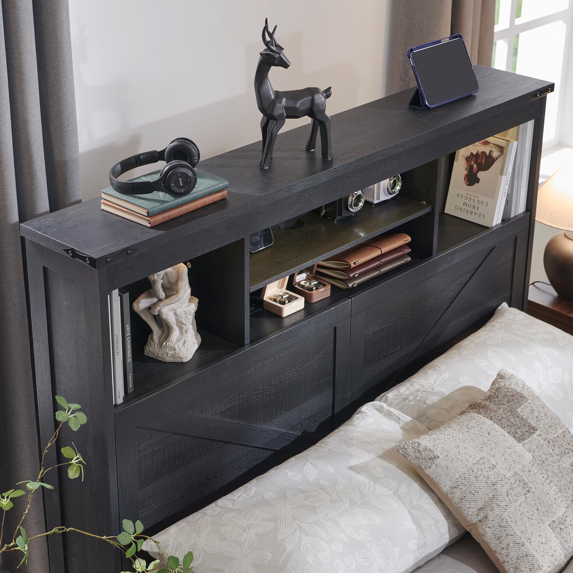 ACCOHOHO Queen Size Wood Bed Frame Farmhouse with 52" Tall Storage Bookcase Headboard, LED Light,Charging Station,4 Drawers and Solid Wood Slats Support,Noiseless,No Box Spring Needed - Black