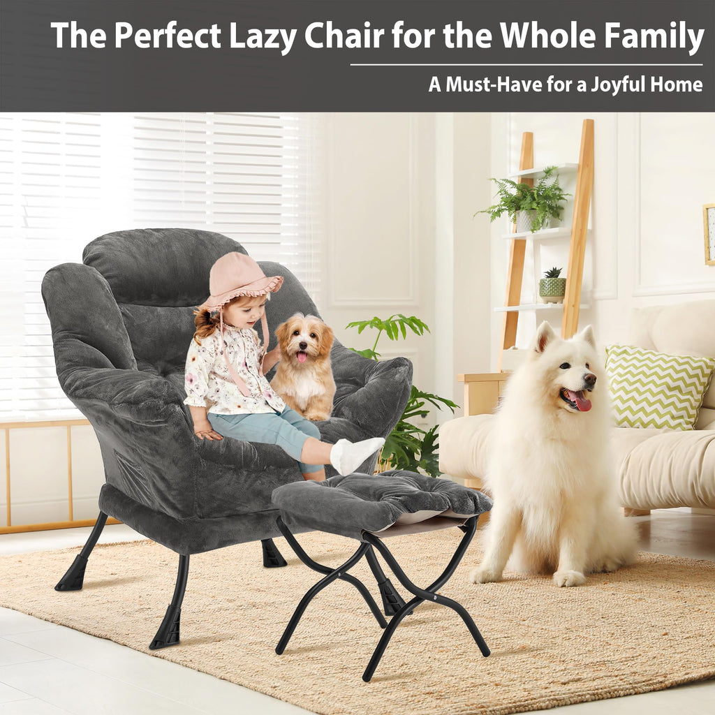 Youtanic Lazy Chair with Folding Ottoman, Accent Chair Velvet Upholstered with Metal Structure and Non-Slip Pads, Sofa Armchair with Footrest and Side Storage Bag for Dorm, Room, Office, Beige