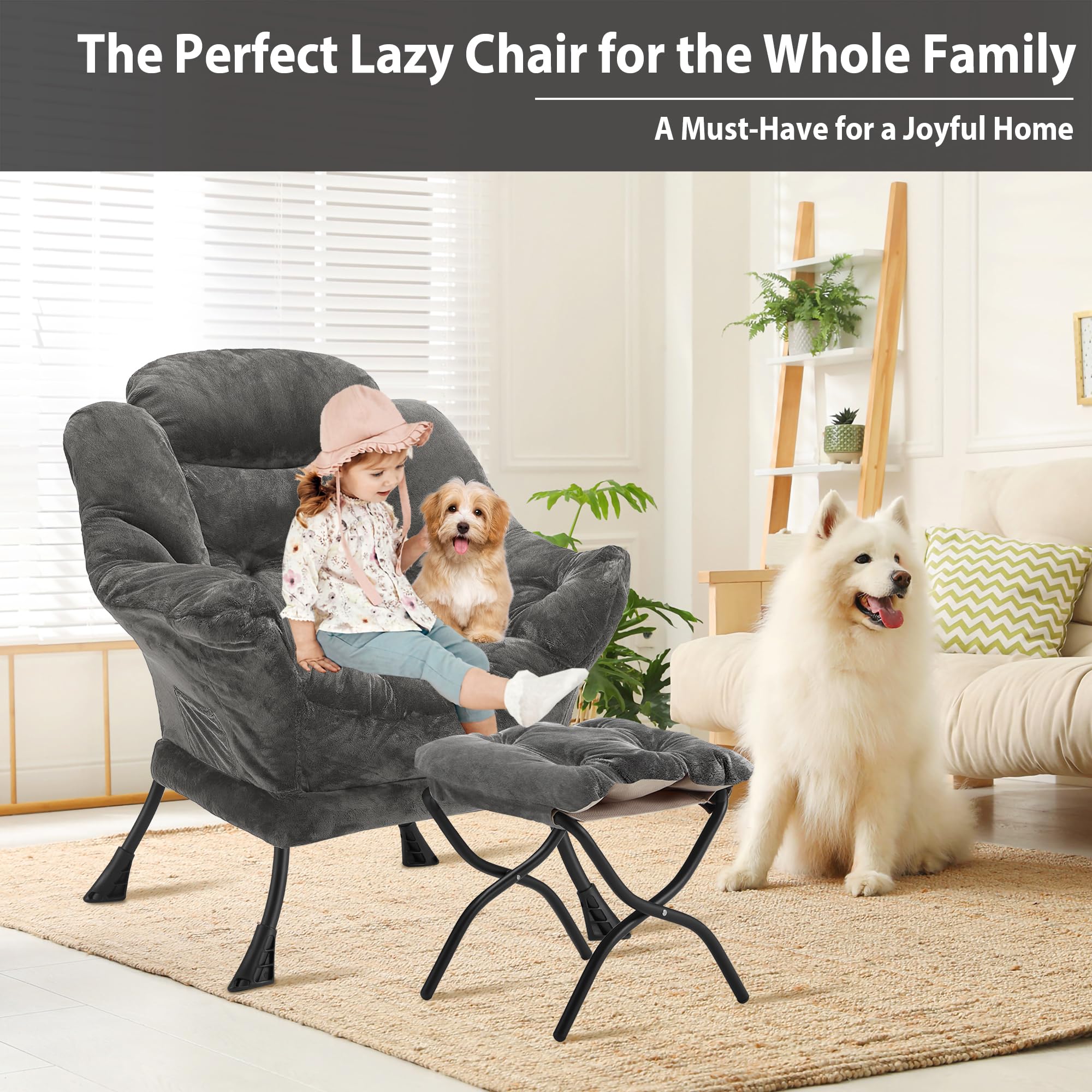 Youtanic Lazy Chair with Folding Ottoman, Accent Chair Velvet Upholstered with Metal Structure and Non-Slip Pads, Sofa Armchair with Footrest and Side Storage Bag for Dorm, Room, Office, Beige