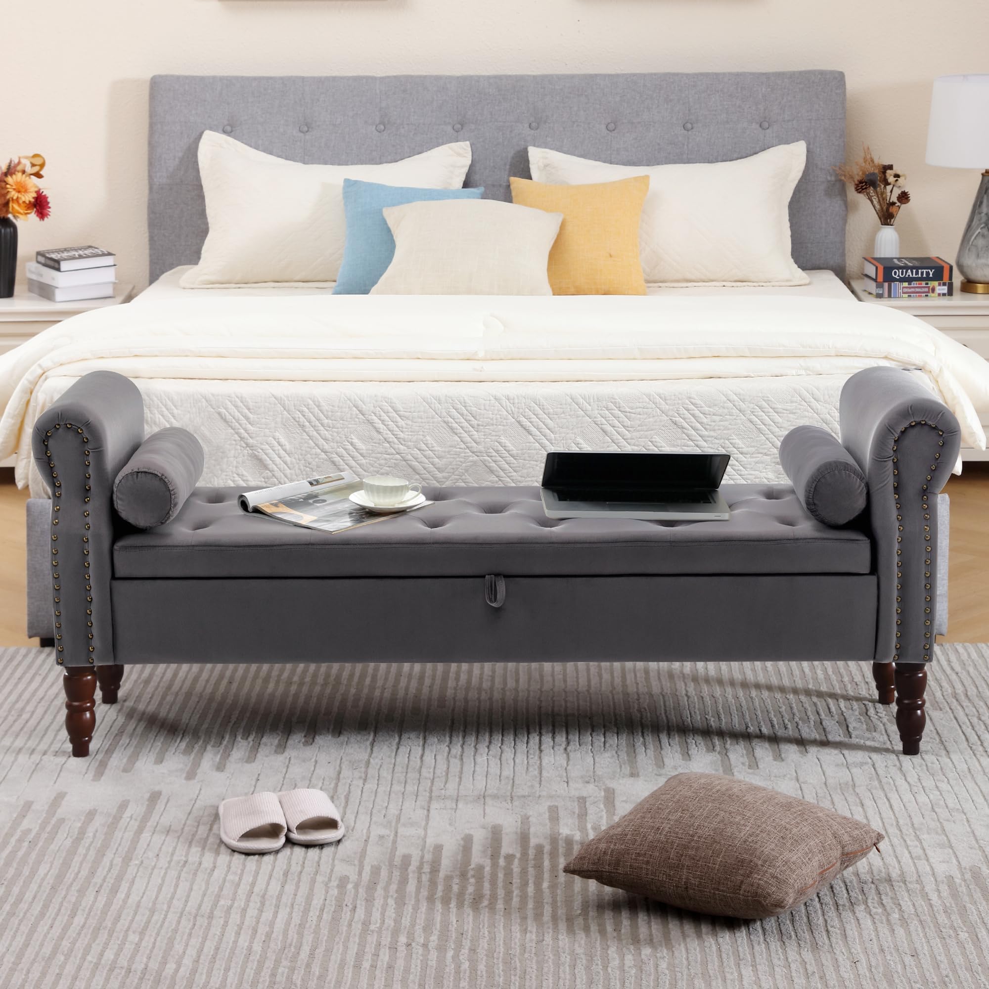 Storage Bench for Bedroom, 67" End of Bed Bench King Size, Velvet Bedroom Bench with Storage, Upholstered Tufted Storage Ottoman Benches with Arms for Bedroom, Entryway, Living Room, Beige