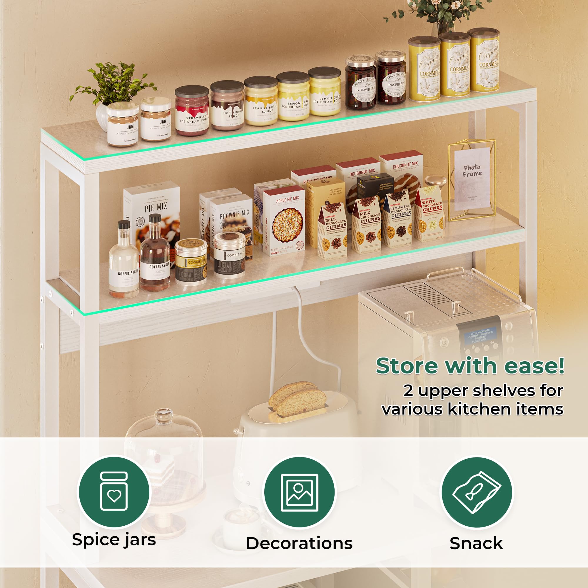 SUPERJARE Bakers Rack with Power Outlet, 35.4 Inches Coffee Bar with Wire Basket, Kitchen Microwave Stand with 6 S-Shaped Hooks, Open Storage Shelves, Black