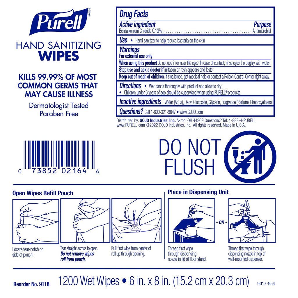 Purell Hand Sanitizing Wipes, Alcohol Free Formula, 1200 Count Wipes Refill for Purell High Capacity Wall and Floor Stand Wipes Dispenser (Pack of 2) - 9118-02