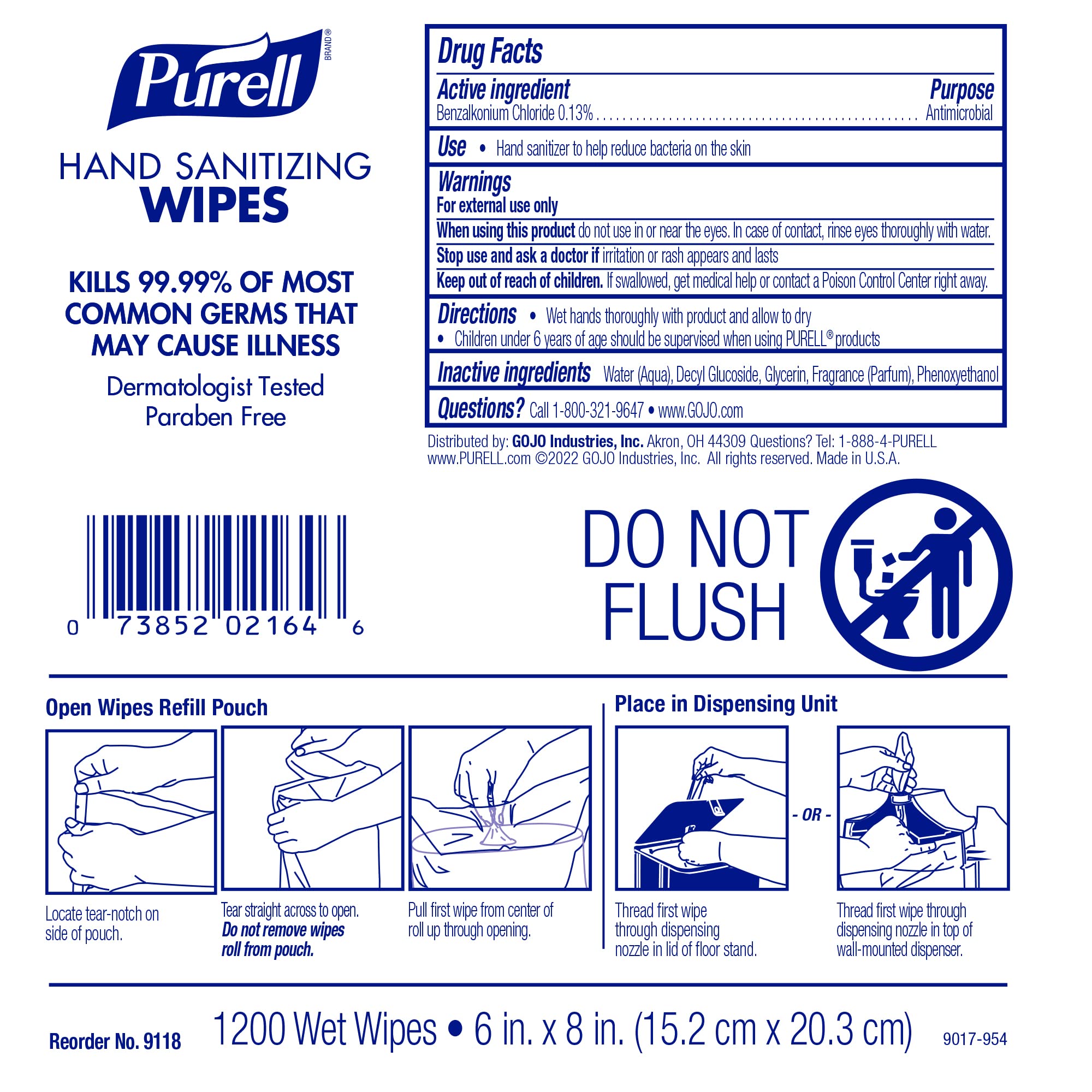 Purell Hand Sanitizing Wipes, Alcohol Free Formula, 1200 Count Wipes Refill for Purell High Capacity Wall and Floor Stand Wipes Dispenser (Pack of 2) - 9118-02