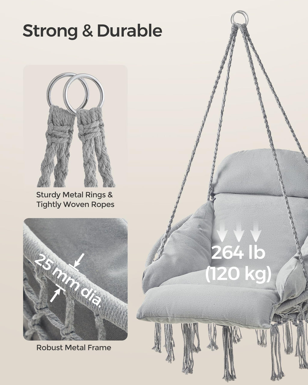SONGMICS Hanging Chair, Hammock Chair with Large, Thick Cushion, Boho Swing Chair for Bedroom, Patio, Balcony, Garden, Holds up to 264 lb, Accessories Included, Cream White UGDC042M01