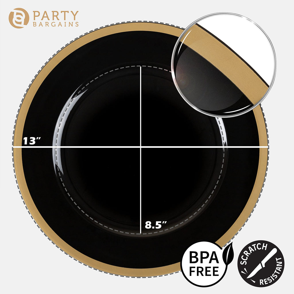 PARTY BARGAINS 13-Inch Charger Plates - 96 Pack, Clear Gold Rim, Heavy-Duty Disposable Chargers for Elegant Dining - Ideal for Weddings and Formal Events