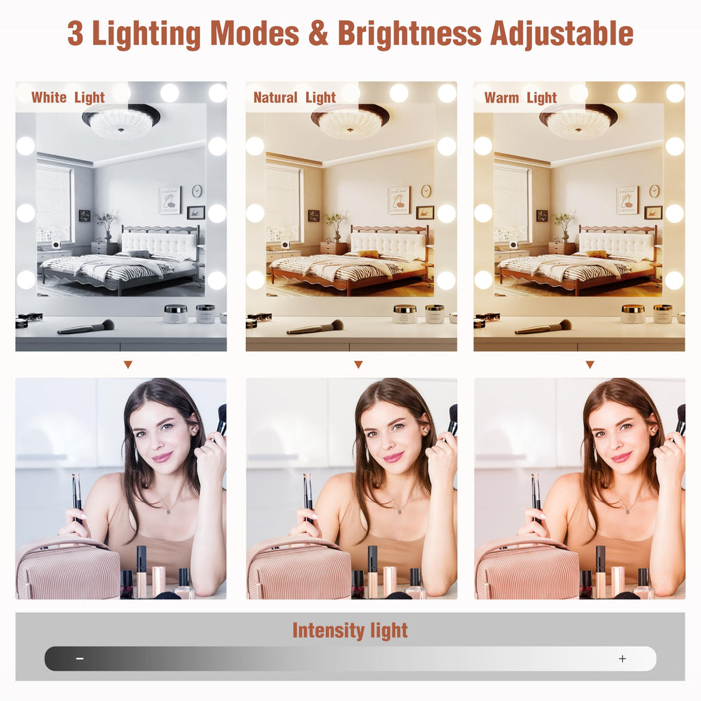 YIKEHOME Makeup Vanity Desk with Mirror and 10 Lights, 3-Colour Hollywood Brighter Bulbs, Vanity Table Set with Large Drawers and and Charging Station for Bedroom Dressing Room White