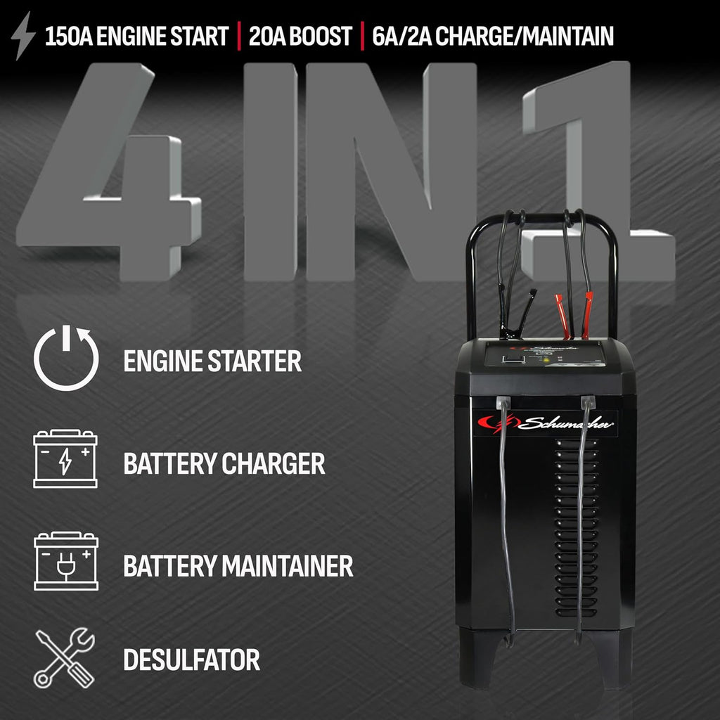 Schumacher Electric Wheeled Automatic 6A Car Battery Charger and 150A Engine Starter, 4-in-1 Solution, Maintainer, 20A Boost, for 12V Automotive and Marine Batteries, SC1364