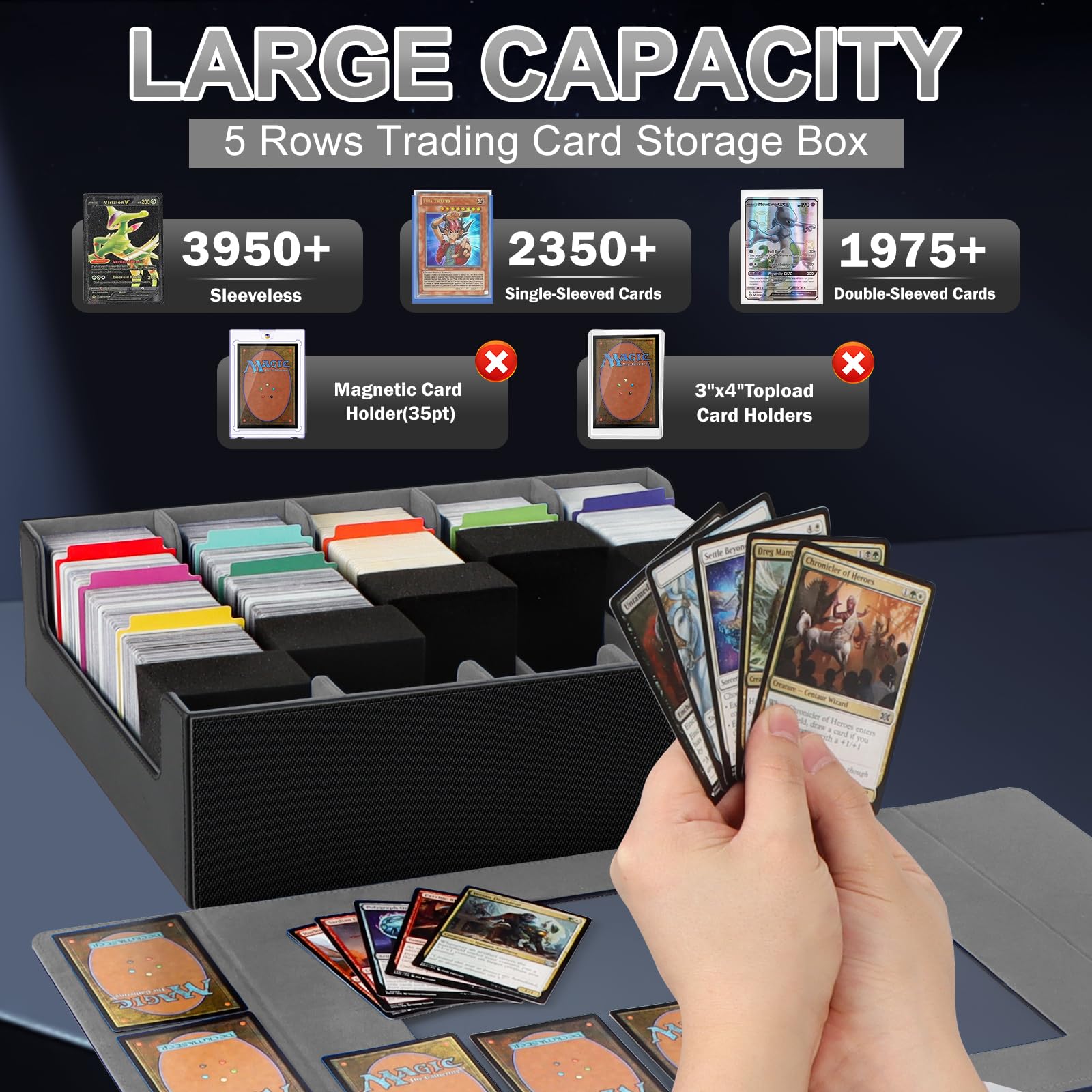 AOBOPLE Trading Card Storage Box,3200+ Card Box Storage with 24 Dividers and 4 Foam Supporters PU Leather Magnetic Cards Deck Case for MTG TCG Magic and Sport Cards,Great Gift for Card Collectors