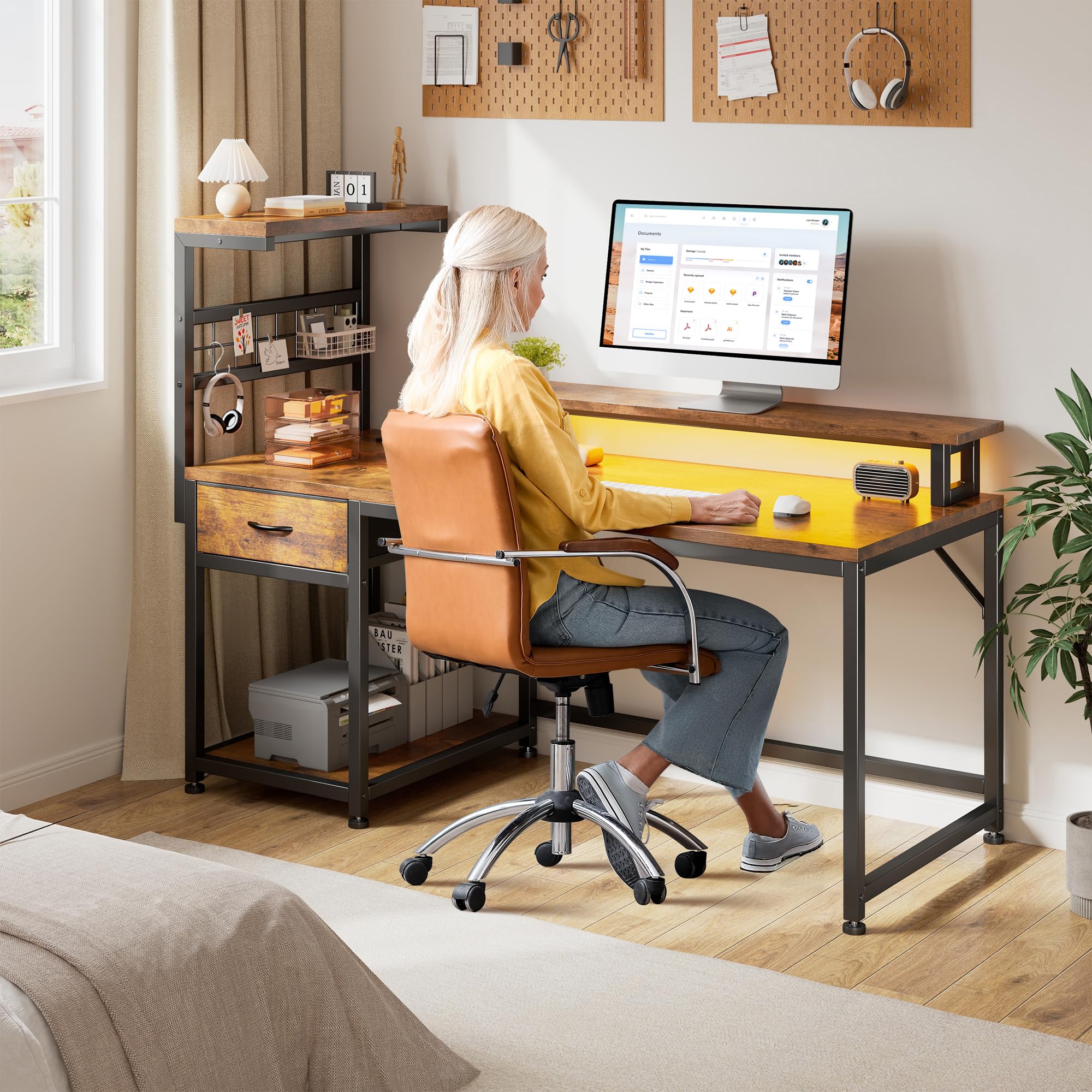 EnHomee 40" Gaming Desk with Power Outlets & LED Lights, Computer Desk with Drawer & Storage Shelve, Home Office Desk with Monitor Stand for Living Room, Study Room, Gaming Room, Black