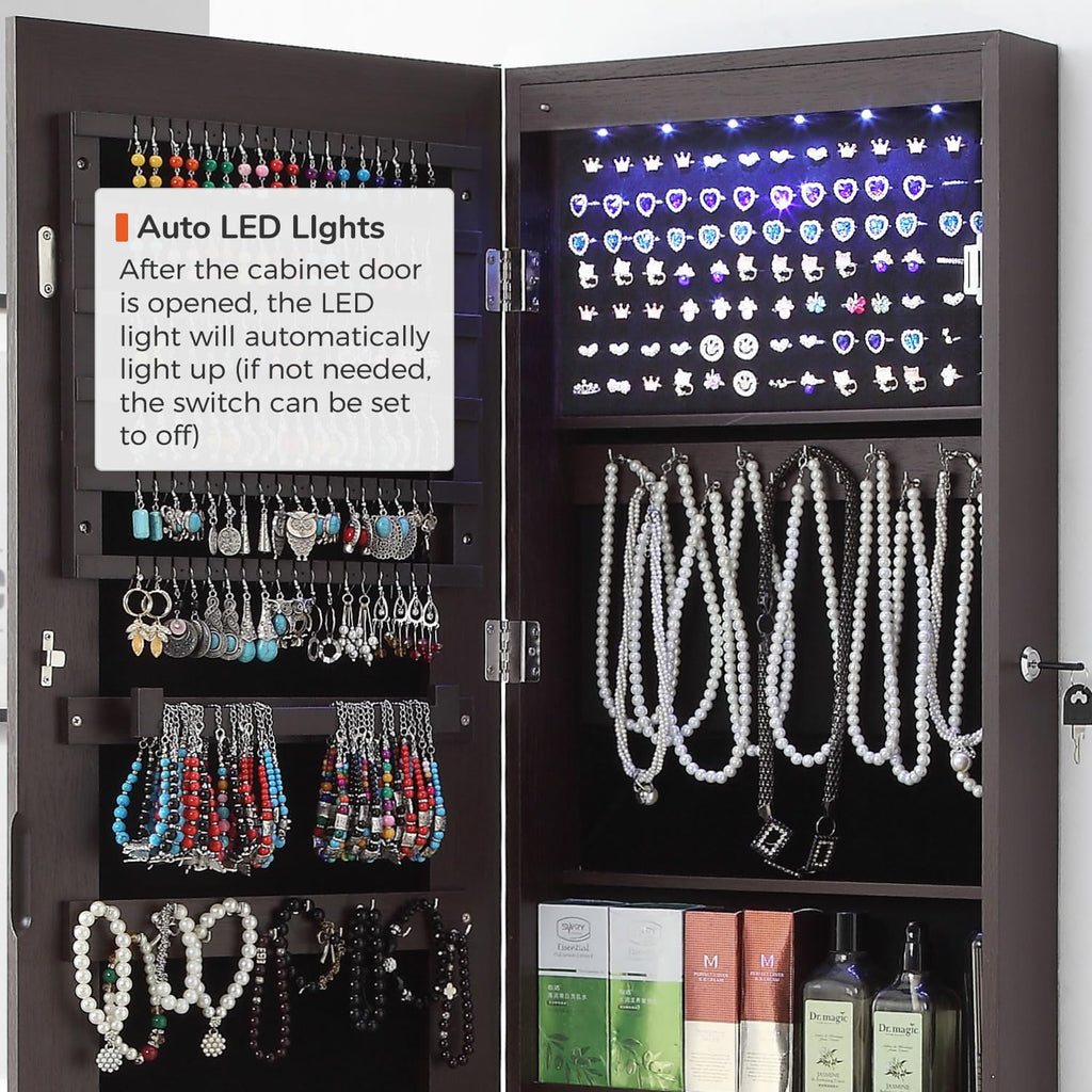 GISSAR Full Length Mirror Jewelry Cabinet, 6 LEDs Jewelry Armoire Wall Mounted Over The Door Hanging, Jewelry Organizer Storage with Lights Lockable, Black, 14.6" x 47.2"